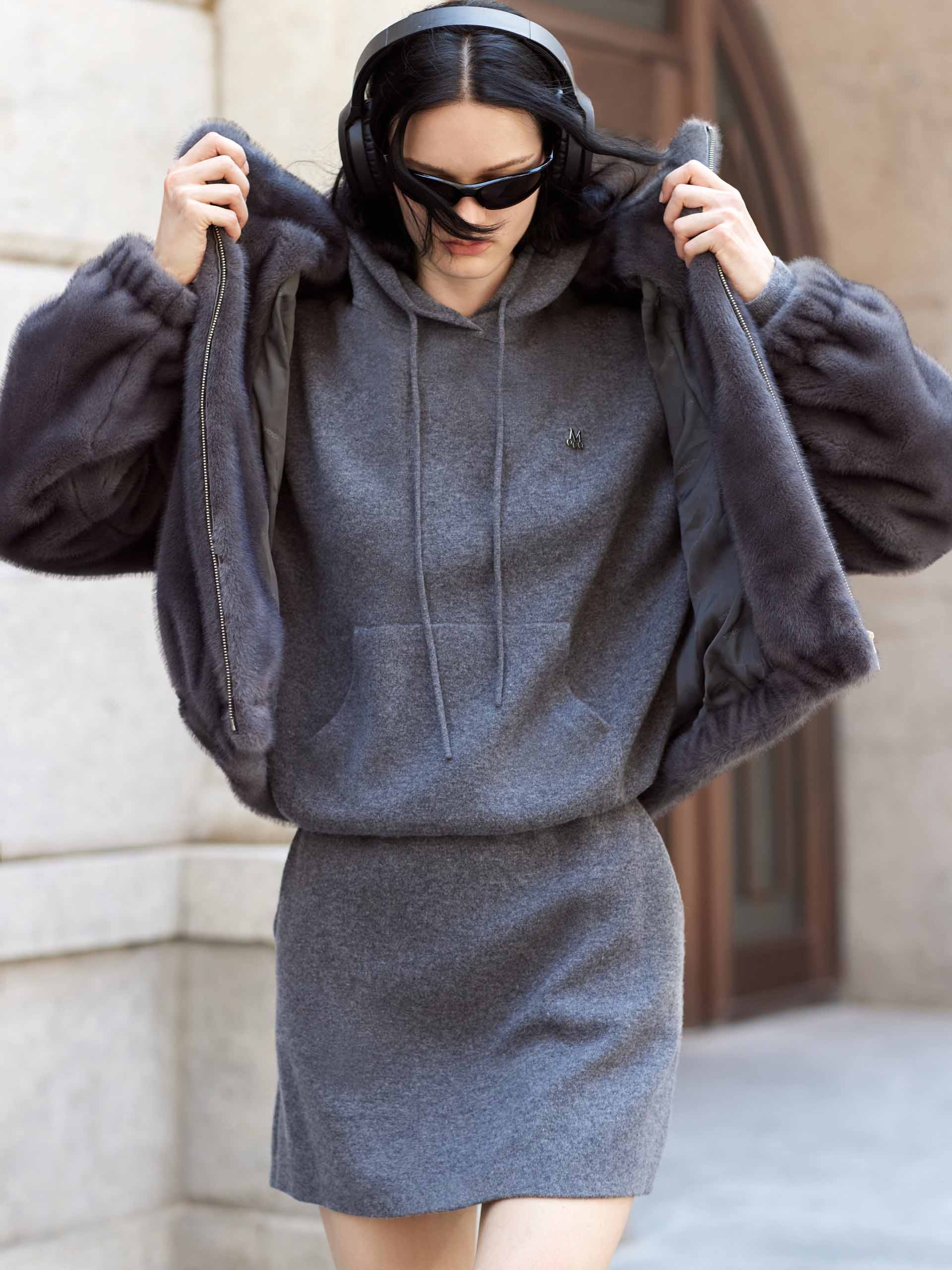 MO&Co. Women's Soft Fuzzy Faux Fur Zipper Hood Coat in Grey