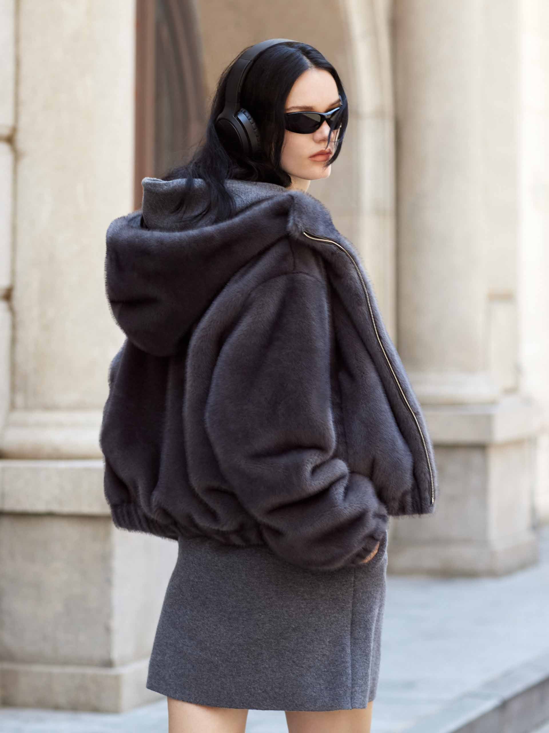 MO&Co. Women's Soft Fuzzy Faux Fur Zipper Hood Coat in Grey