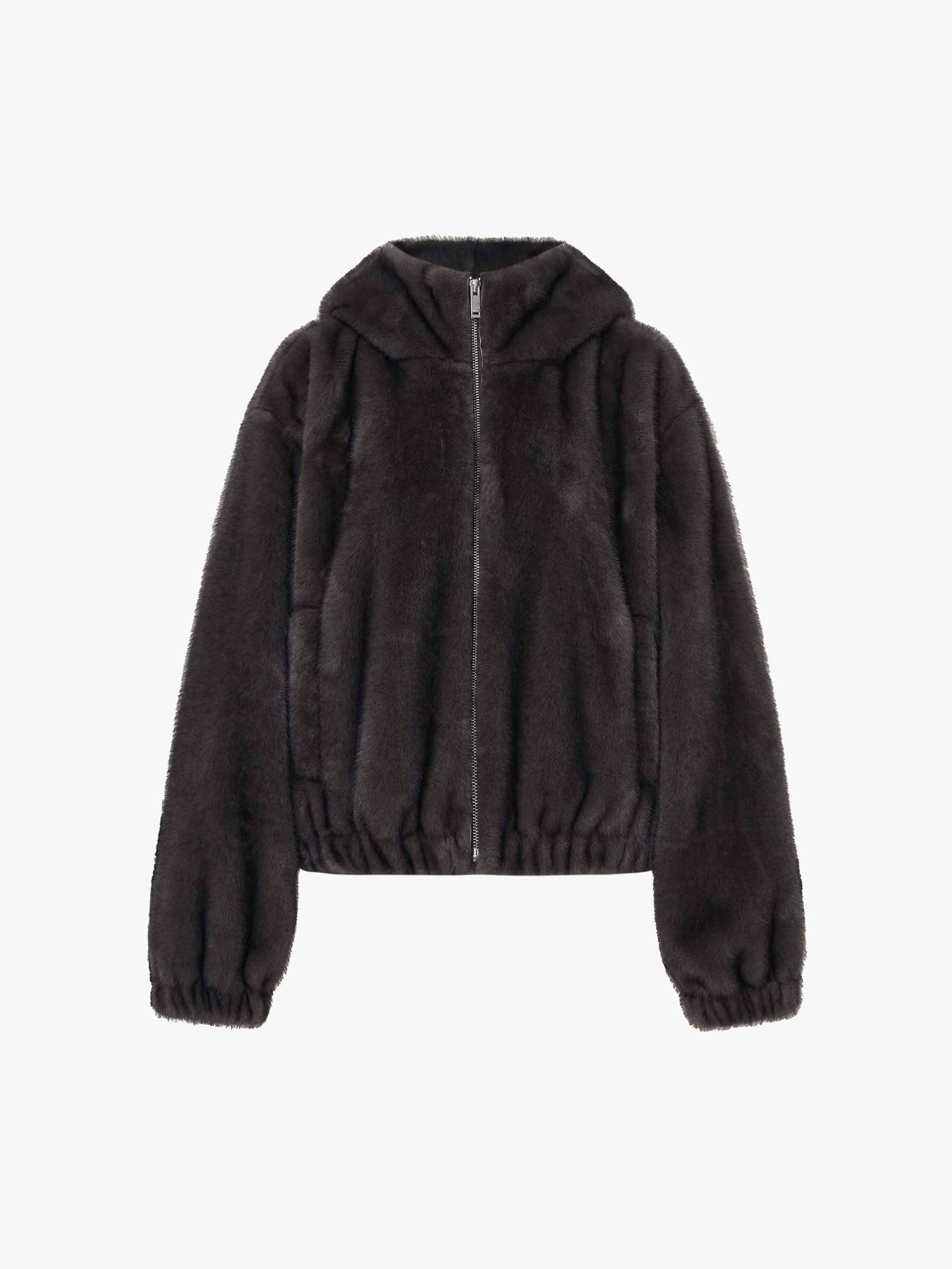 MO&Co. Women's Soft Fuzzy Faux Fur Zipper Hood Coat in Grey