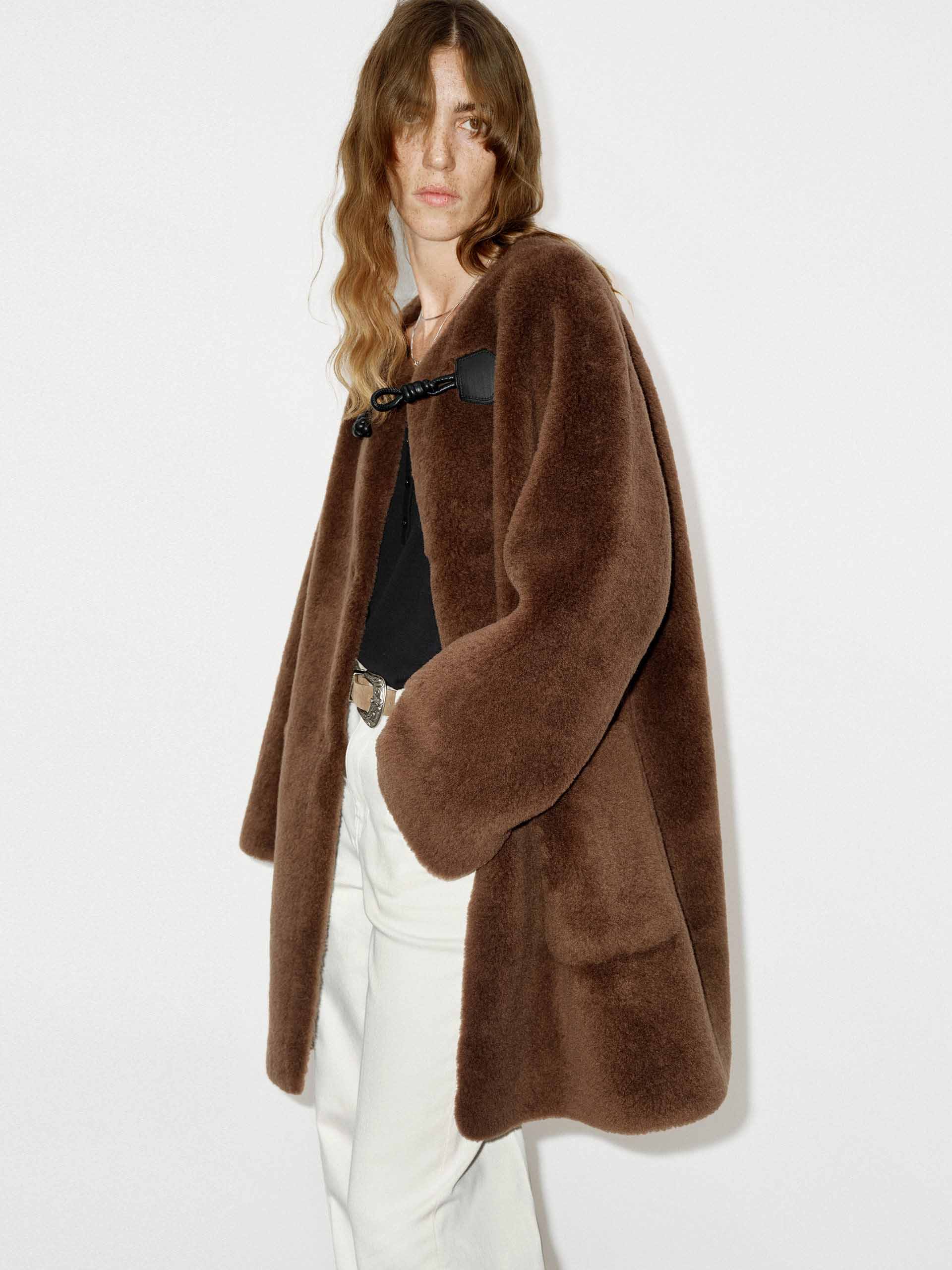 MO&Co. Women's Midi Length Crew Neck Faux Shearling Fuzzy Coat in Brown