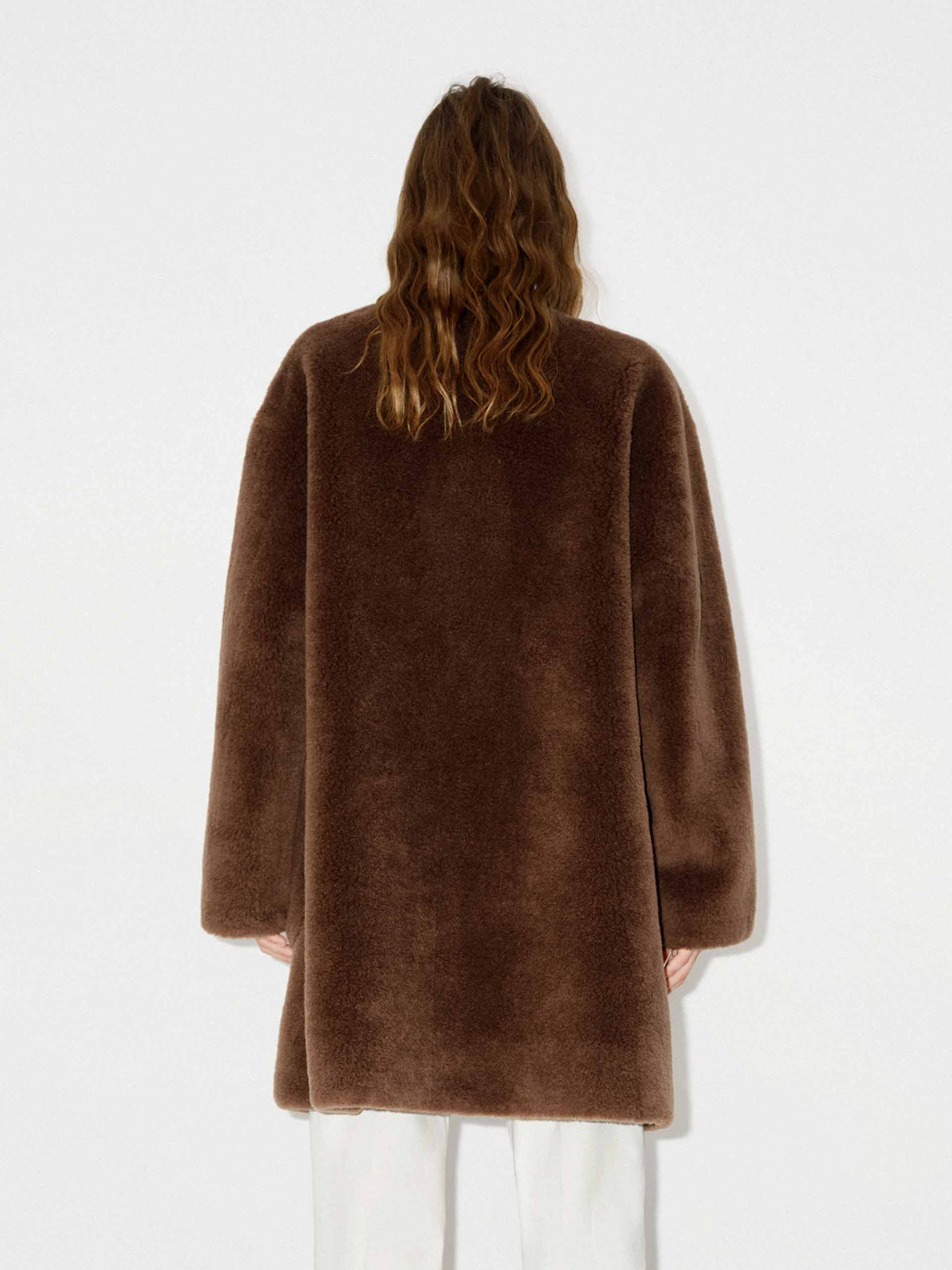 MO&Co. Women's Midi Length Crew Neck Faux Shearling Fuzzy Coat in Brown