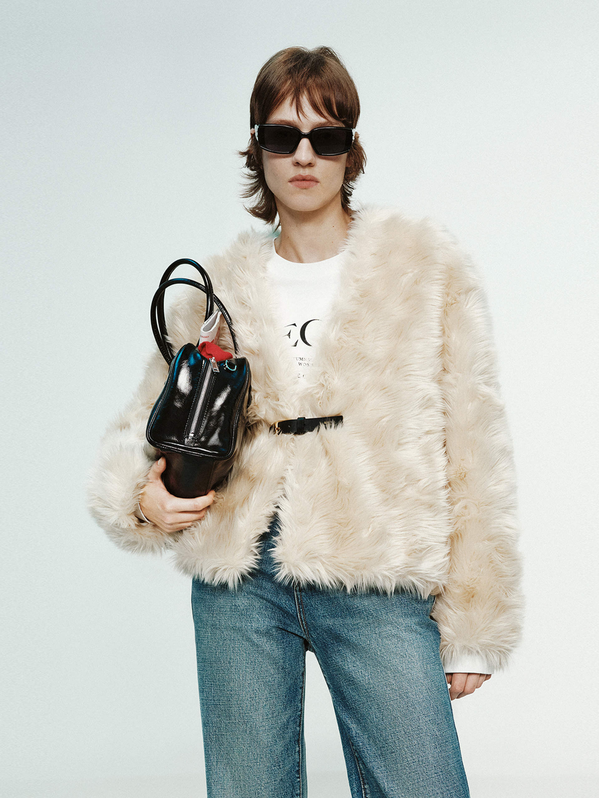 MO&Co. X RECTO Collection Women's Buckle Detail Faux Fur Coat in Beige