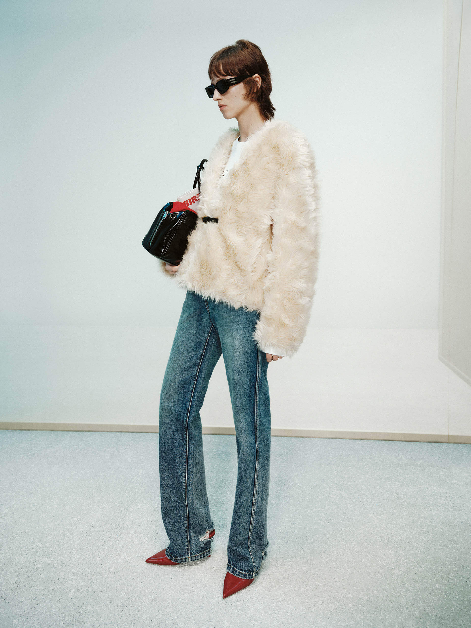 MO&Co. X RECTO Collection Women's Buckle Detail Faux Fur Coat in Beige