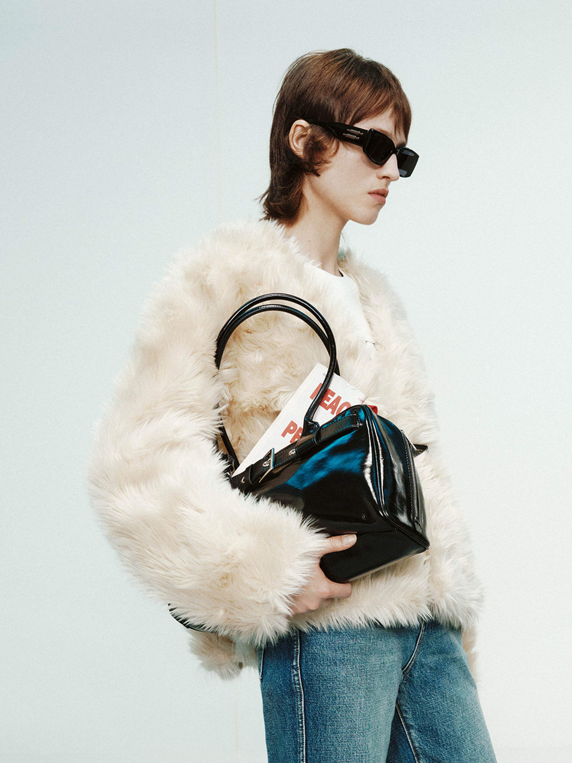 MO&Co. X RECTO Collection Women's Buckle Detail Faux Fur Coat in Beige