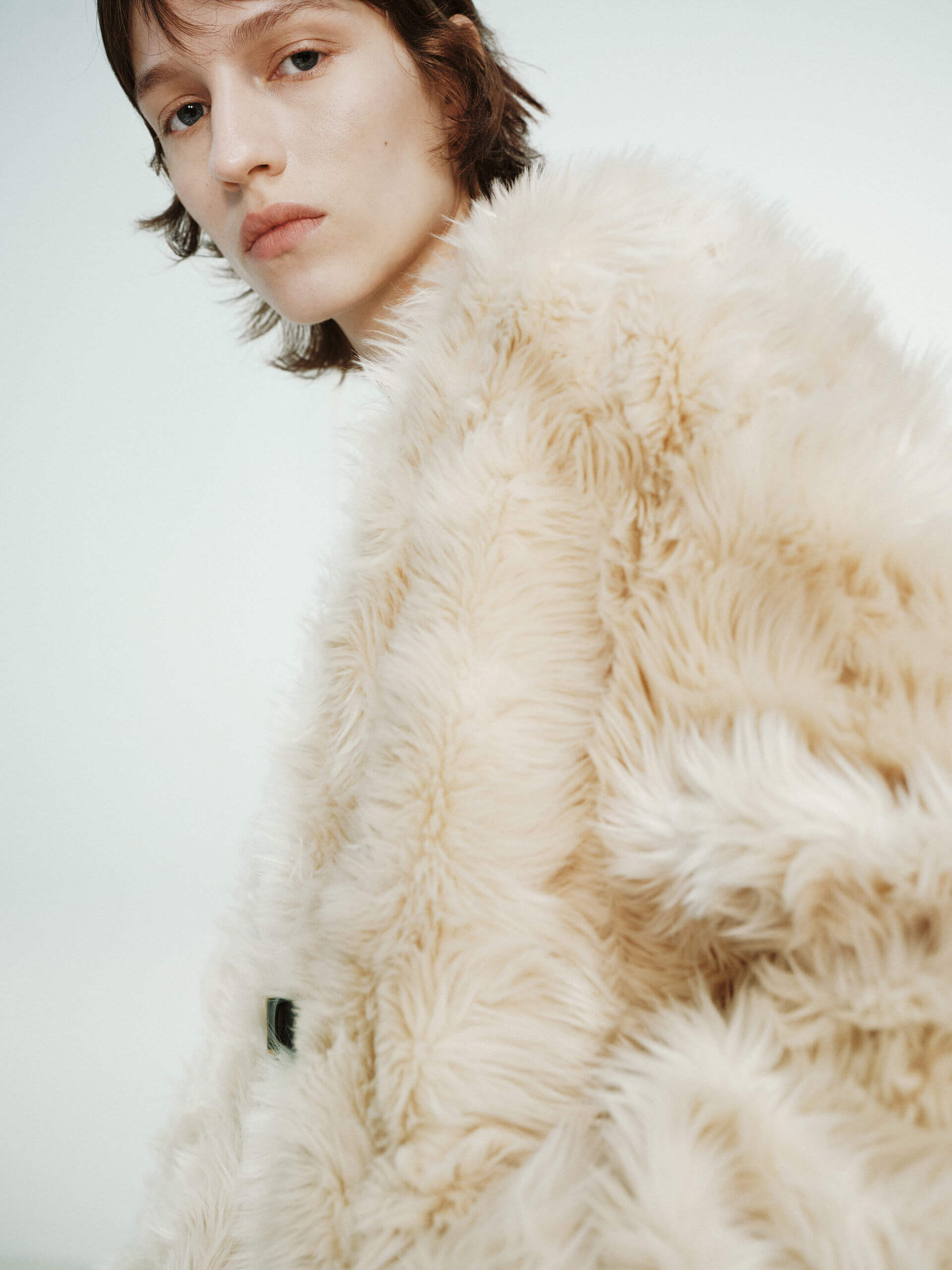 MO&Co. X RECTO Collection Women's Buckle Detail Faux Fur Coat in Beige