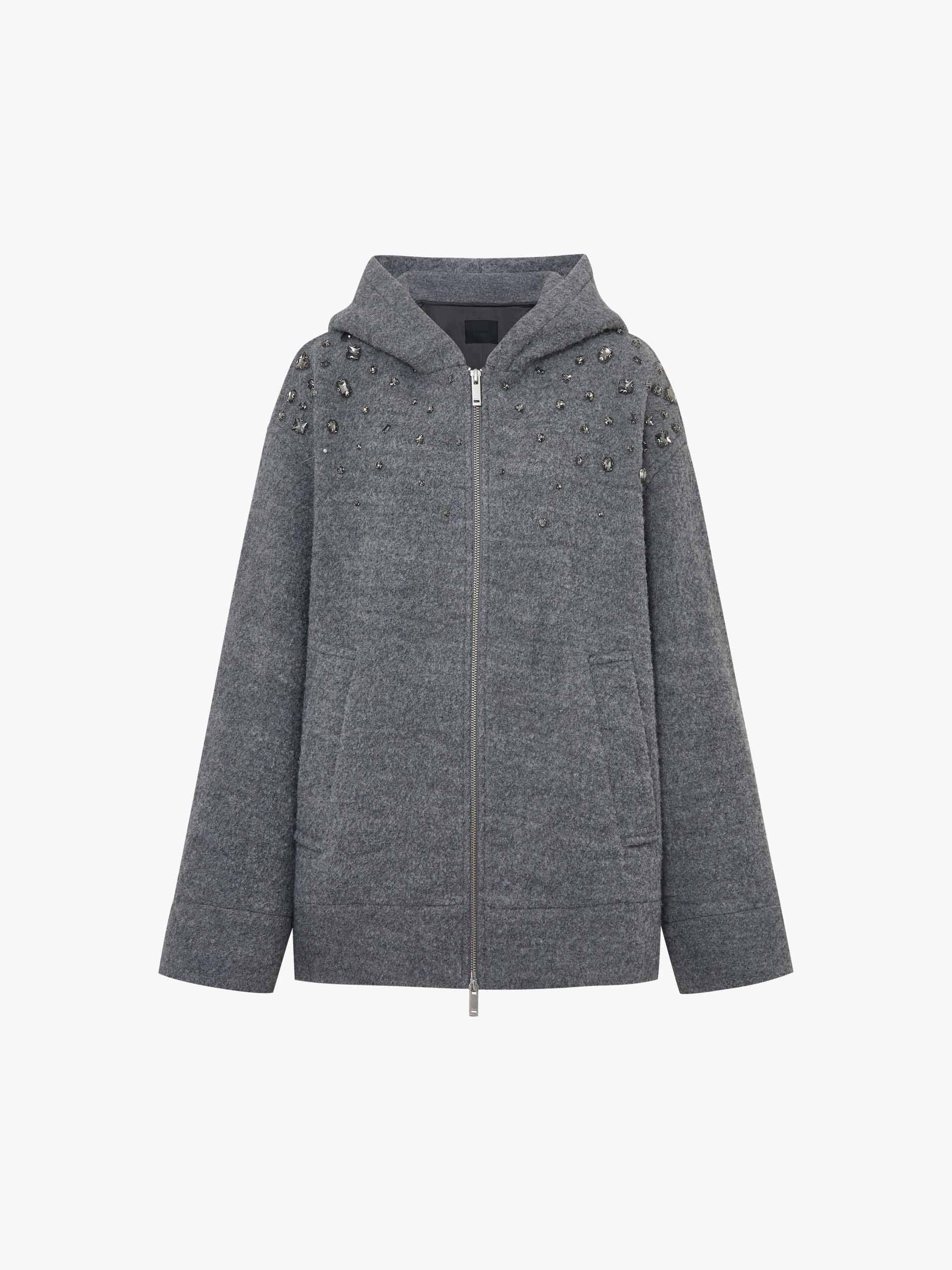 MO&Co. Women's Pure Merino Wool Hooded Zip Jacket with Crystal Details
