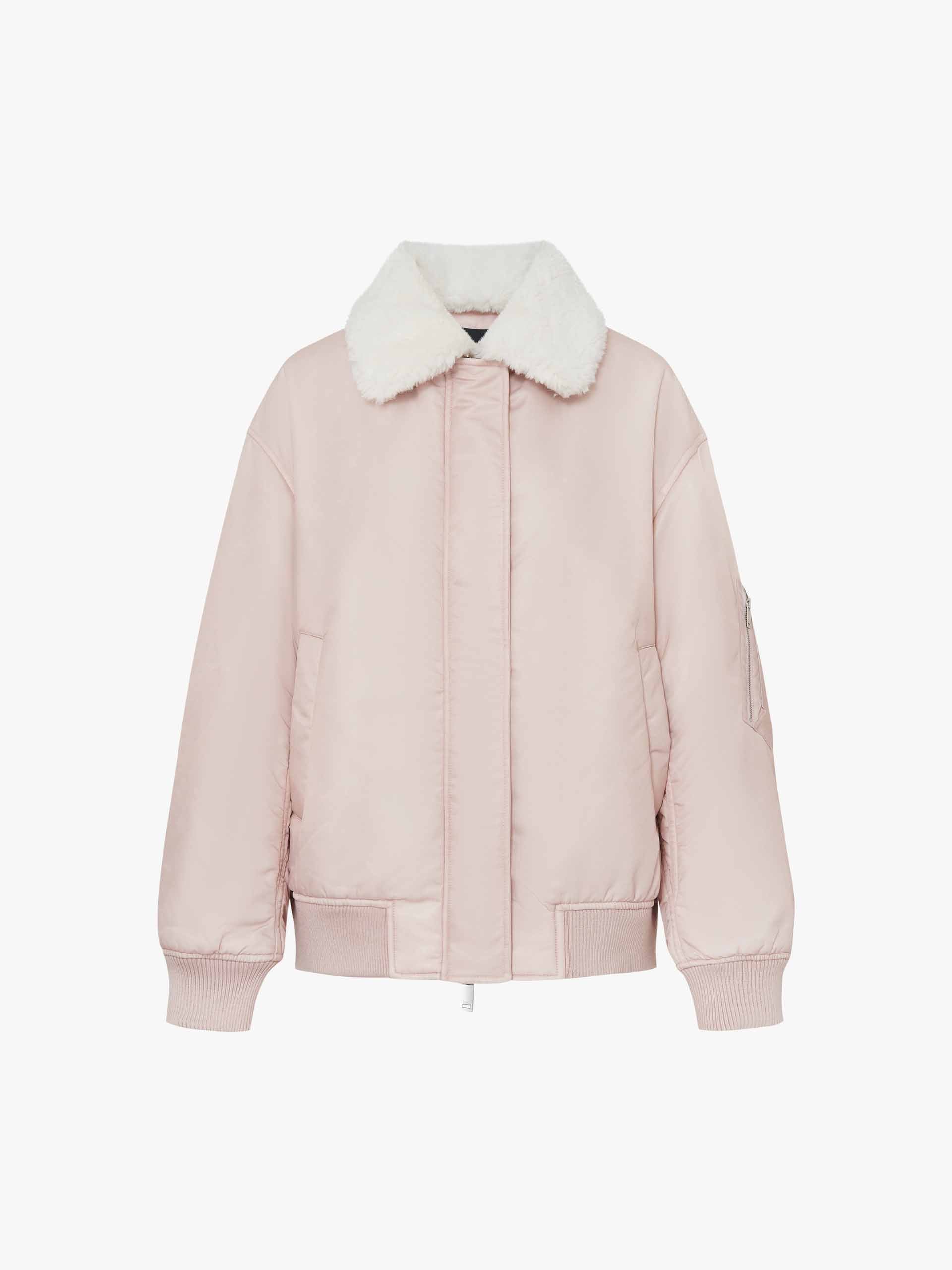 MO&Co. Women's Fur Collar Quilted Bomber Jacket in Light Pink for Fall Winter