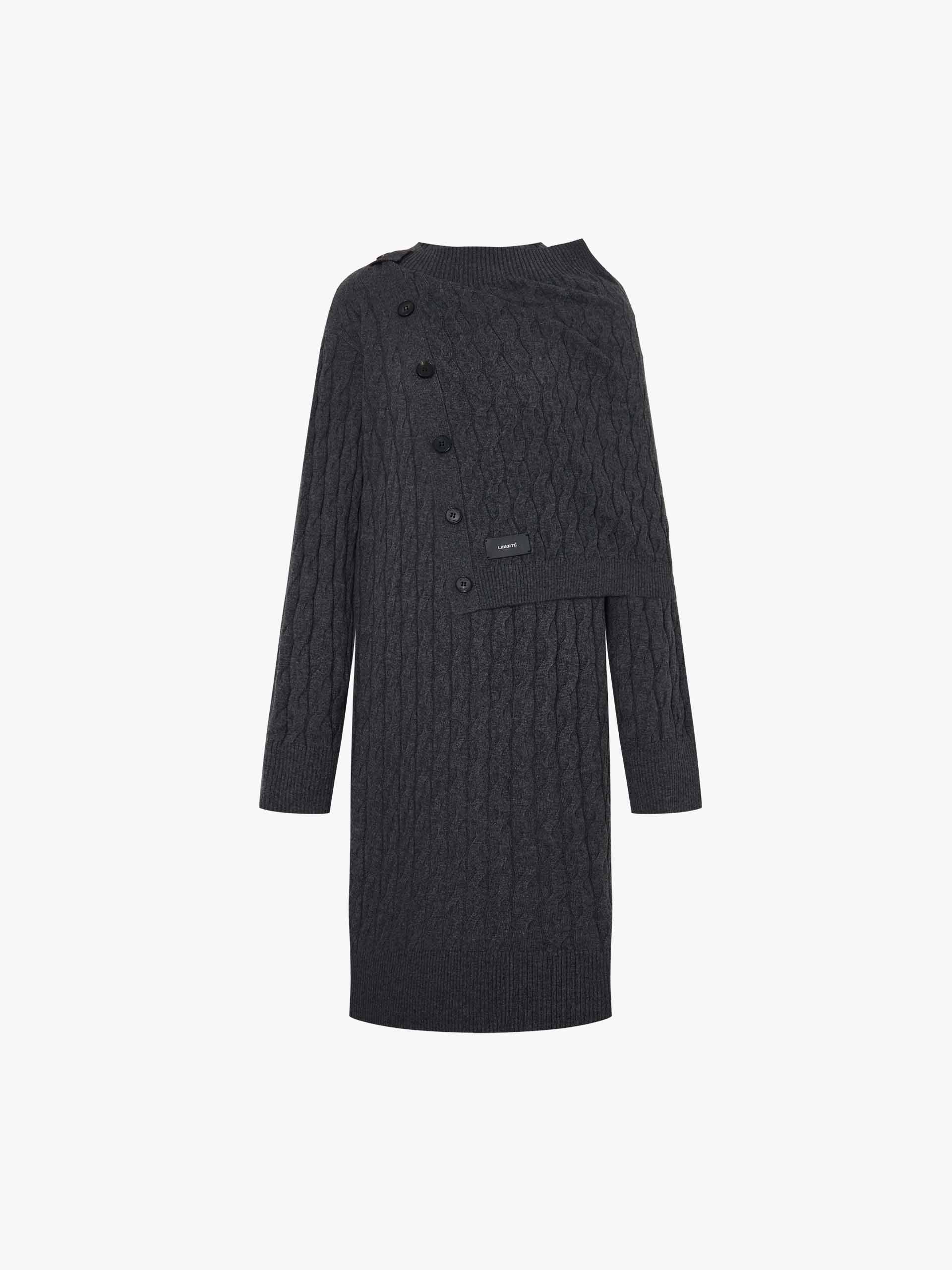MO&Co. Women's Wool Cashmere Midi Cut Cable Knit Dress in Grey with Layers