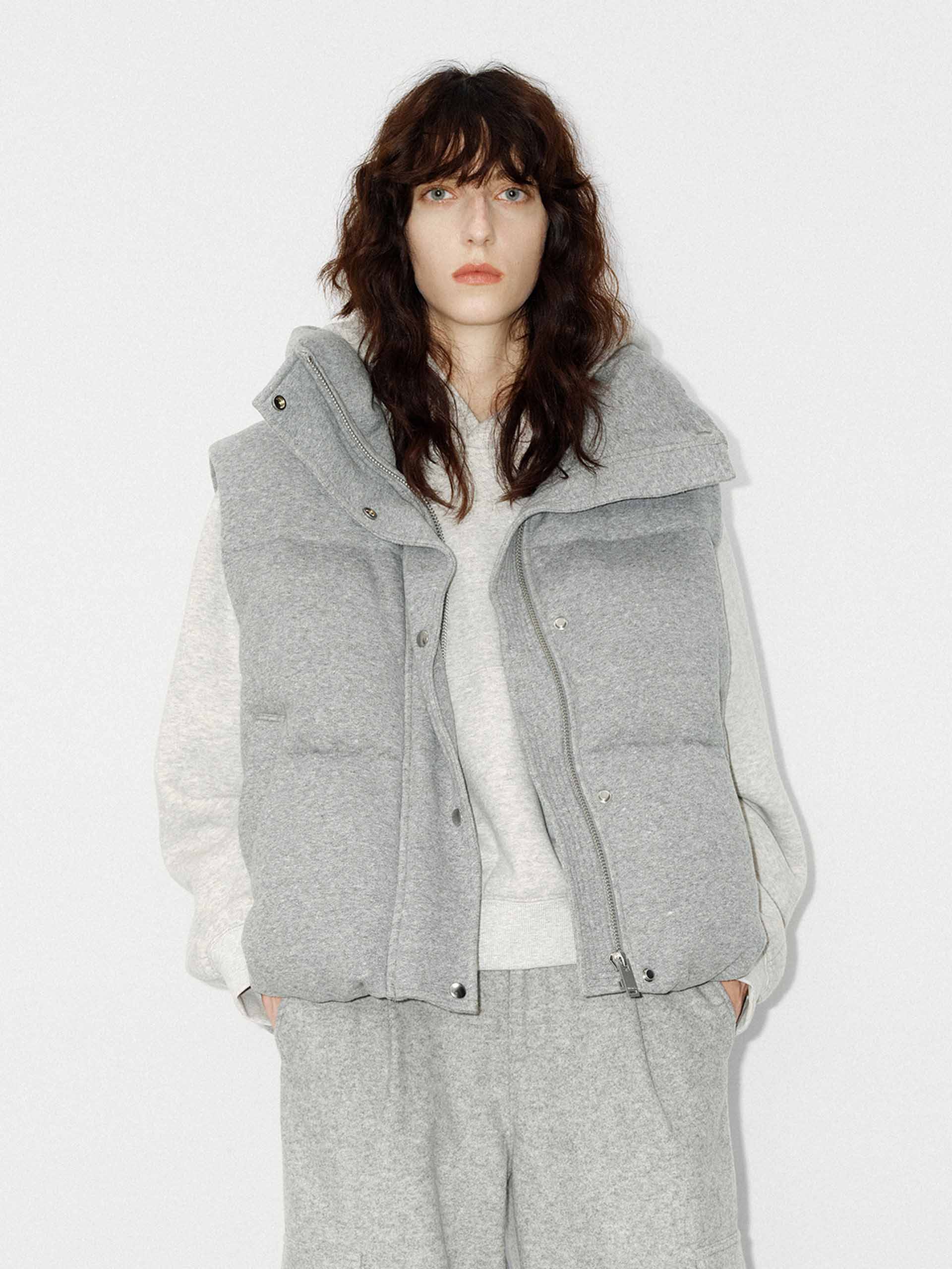 MO&Co. Women's Pure Soft Cotton Shell Funnel Neck Casual Down Vest in Grey