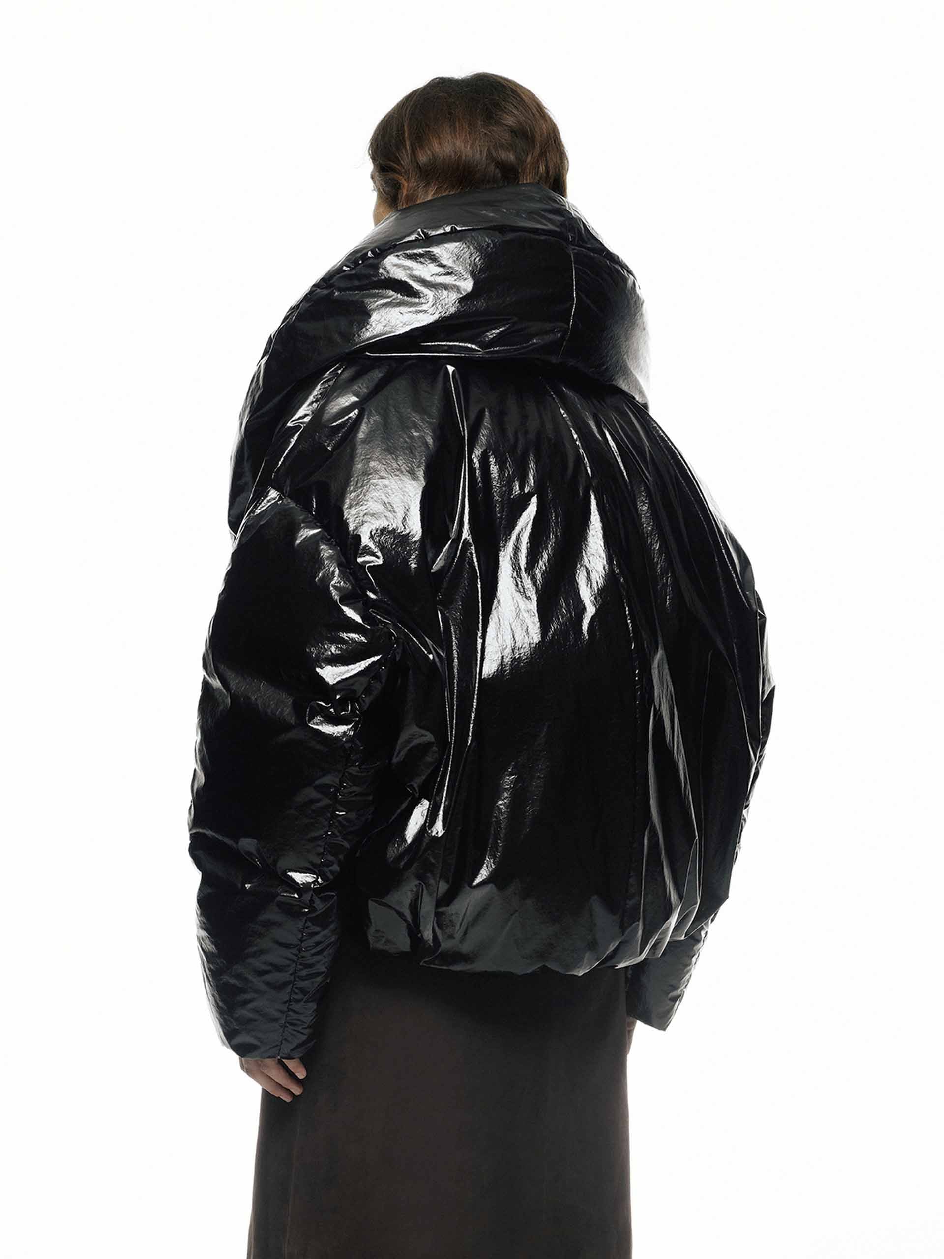 MO&Co. Noir Collection Women's Wide Collar Cropped Goose Down Jacket in Shiny Black