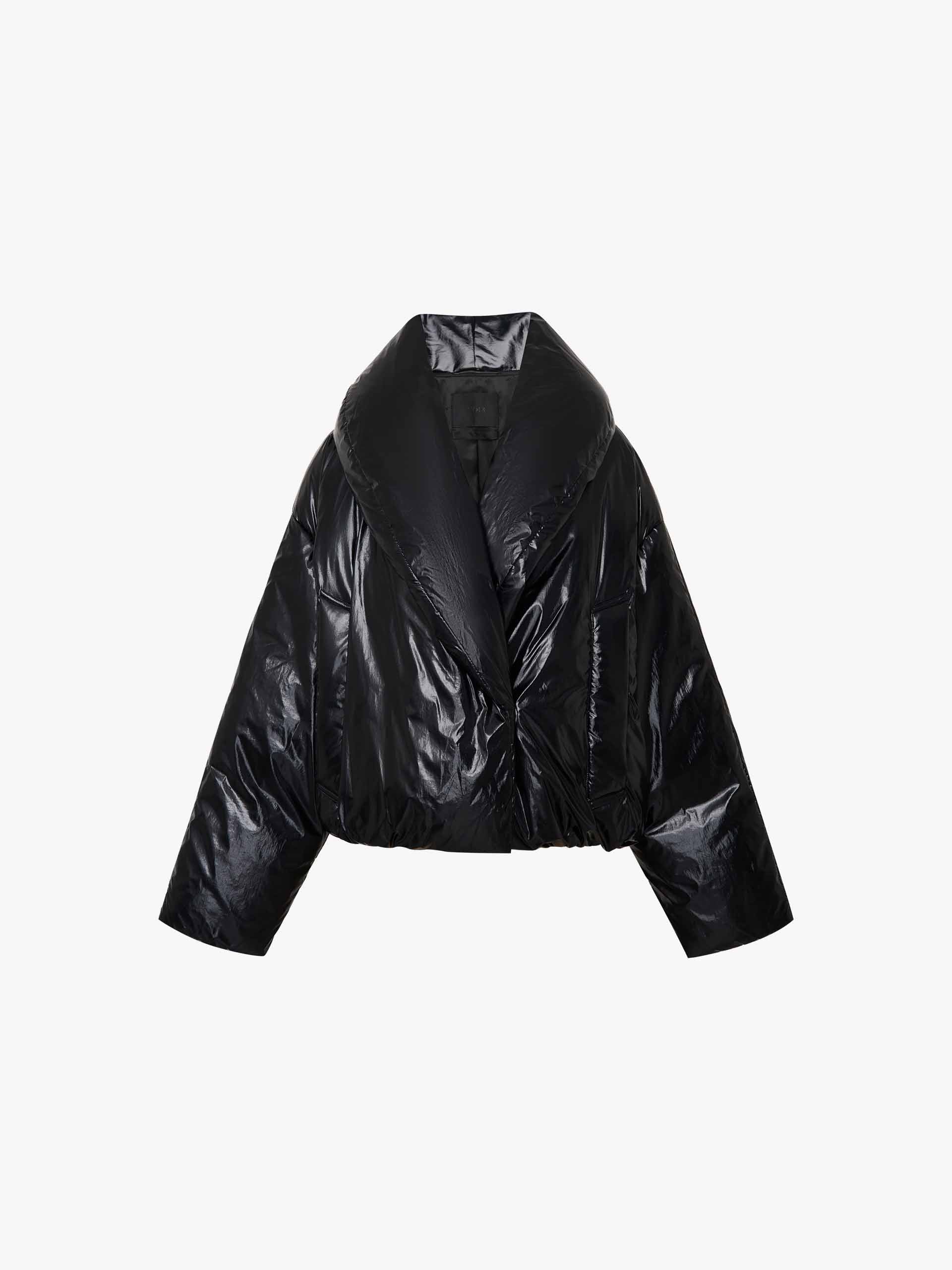 MO&Co. Noir Collection Women's Wide Collar Cropped Goose Down Jacket in Shiny Black