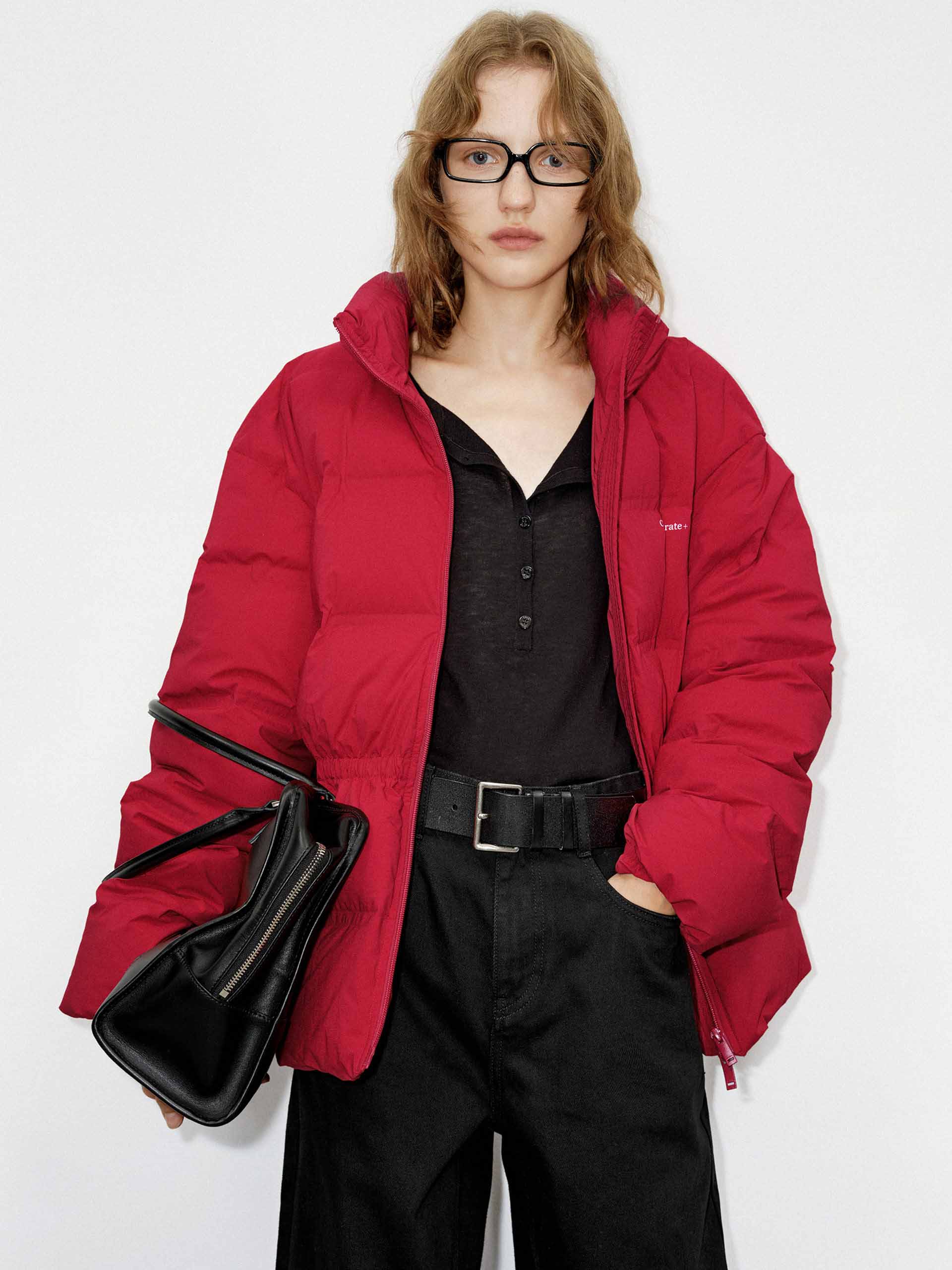 MO&Co. Women's Drawstring Waist Quilted Shell Down Jacket in Red