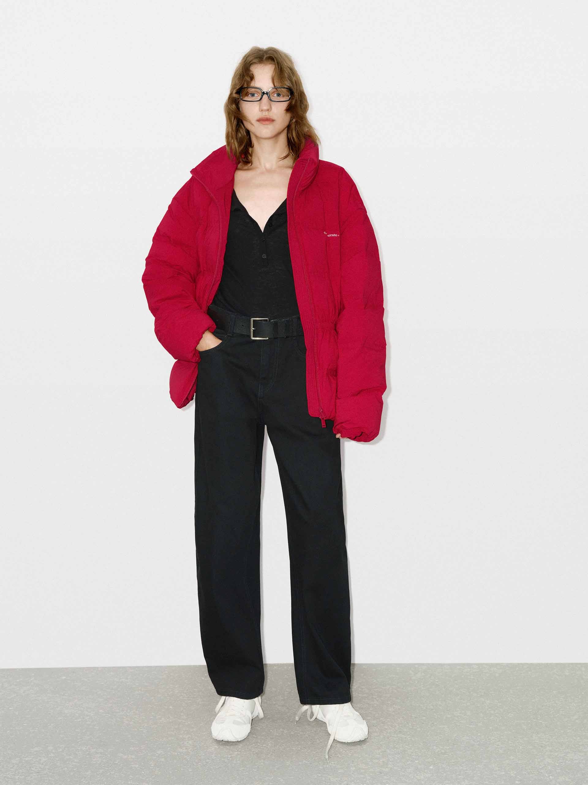 MO&Co. Women's Drawstring Waist Quilted Shell Down Jacket in Red