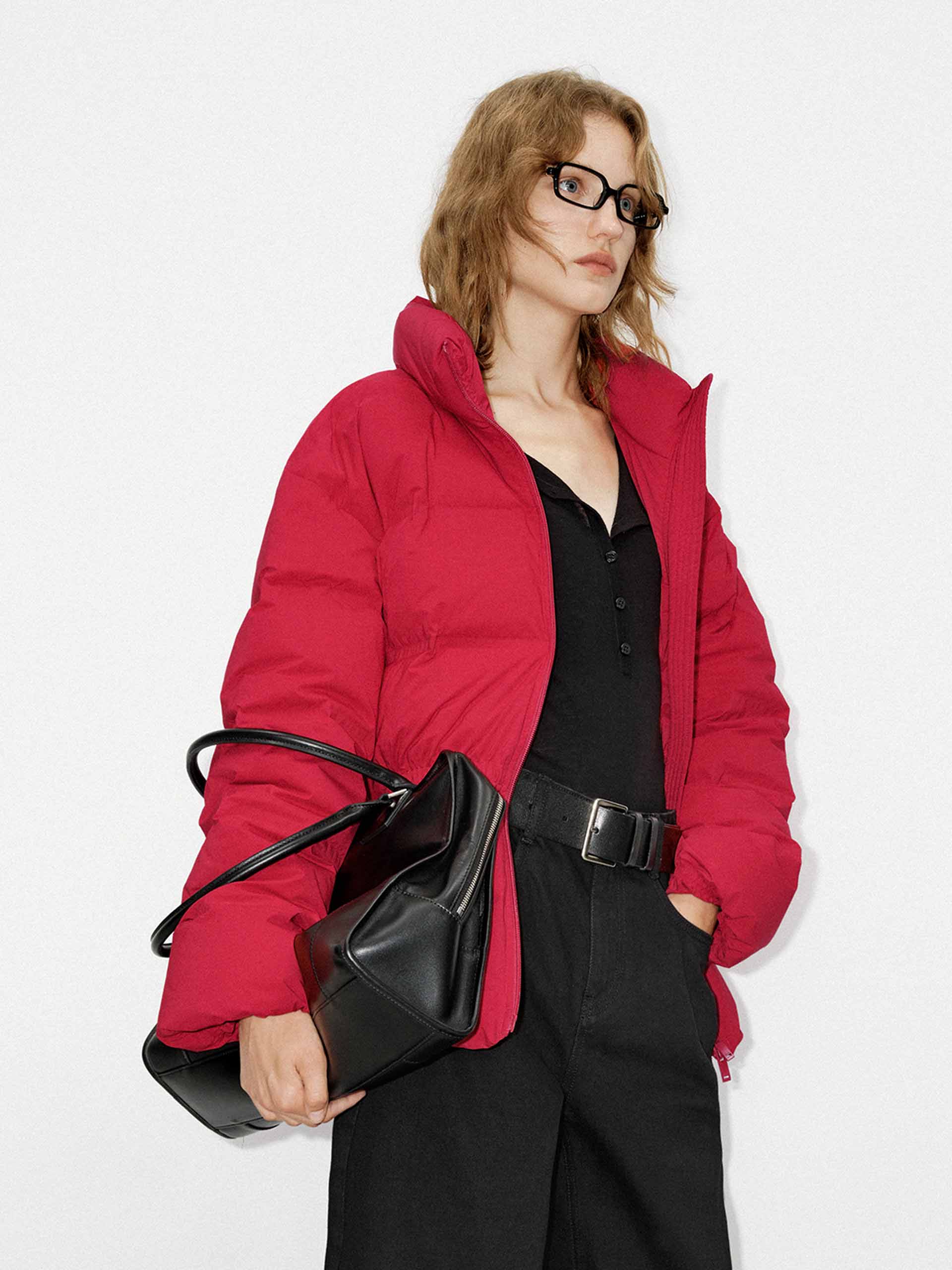 MO&Co. Women's Drawstring Waist Quilted Shell Down Jacket in Red