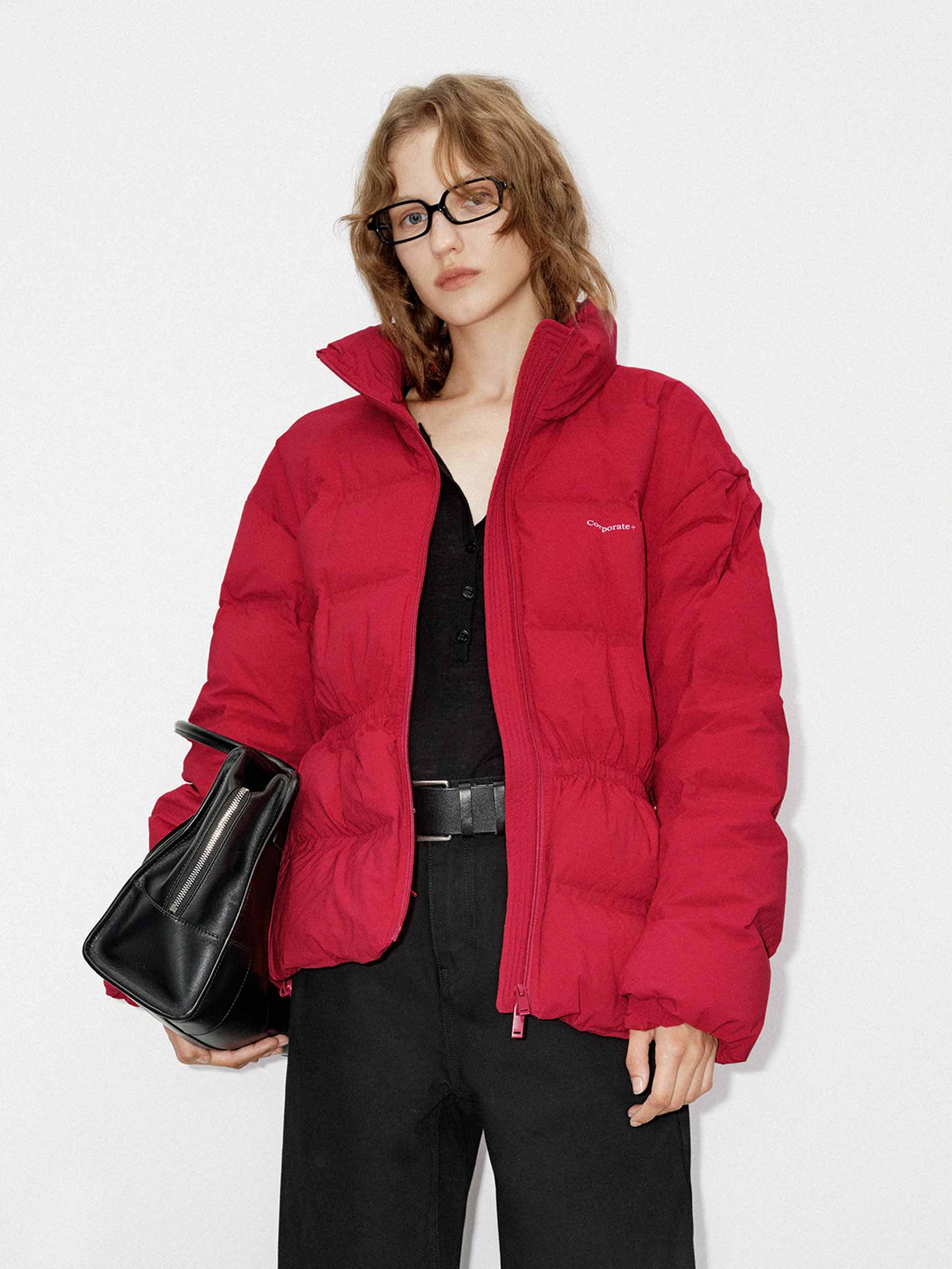 MO&Co. Women's Drawstring Waist Quilted Shell Down Jacket in Red