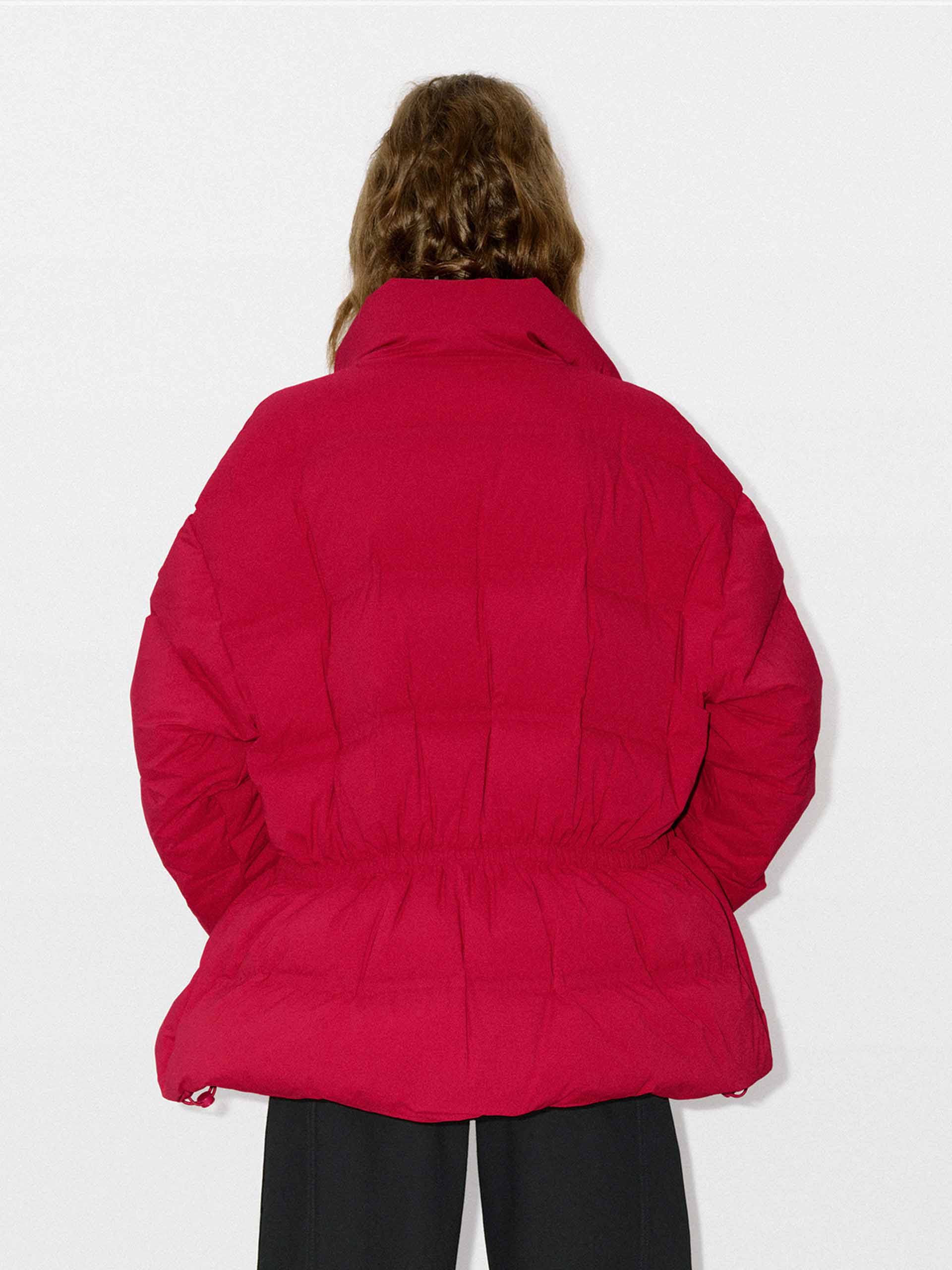 MO&Co. Women's Drawstring Waist Quilted Shell Down Jacket in Red