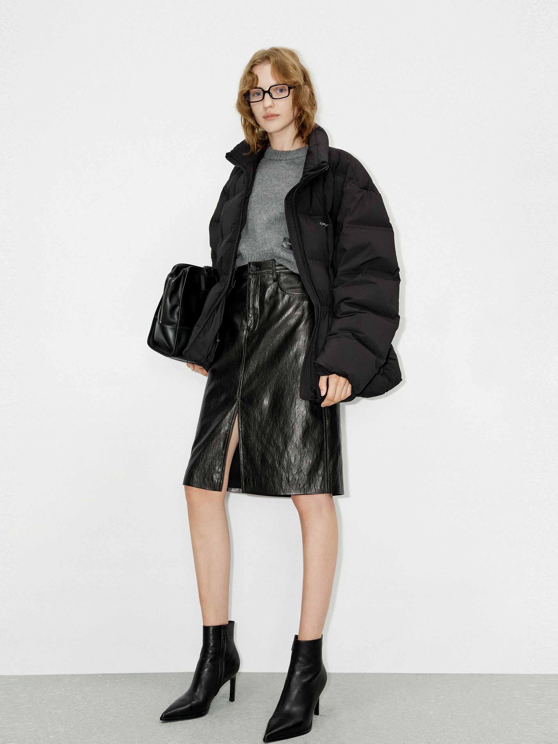 MO&Co. Women's Drawstring Waist Quilted Shell Down Jacket in Black