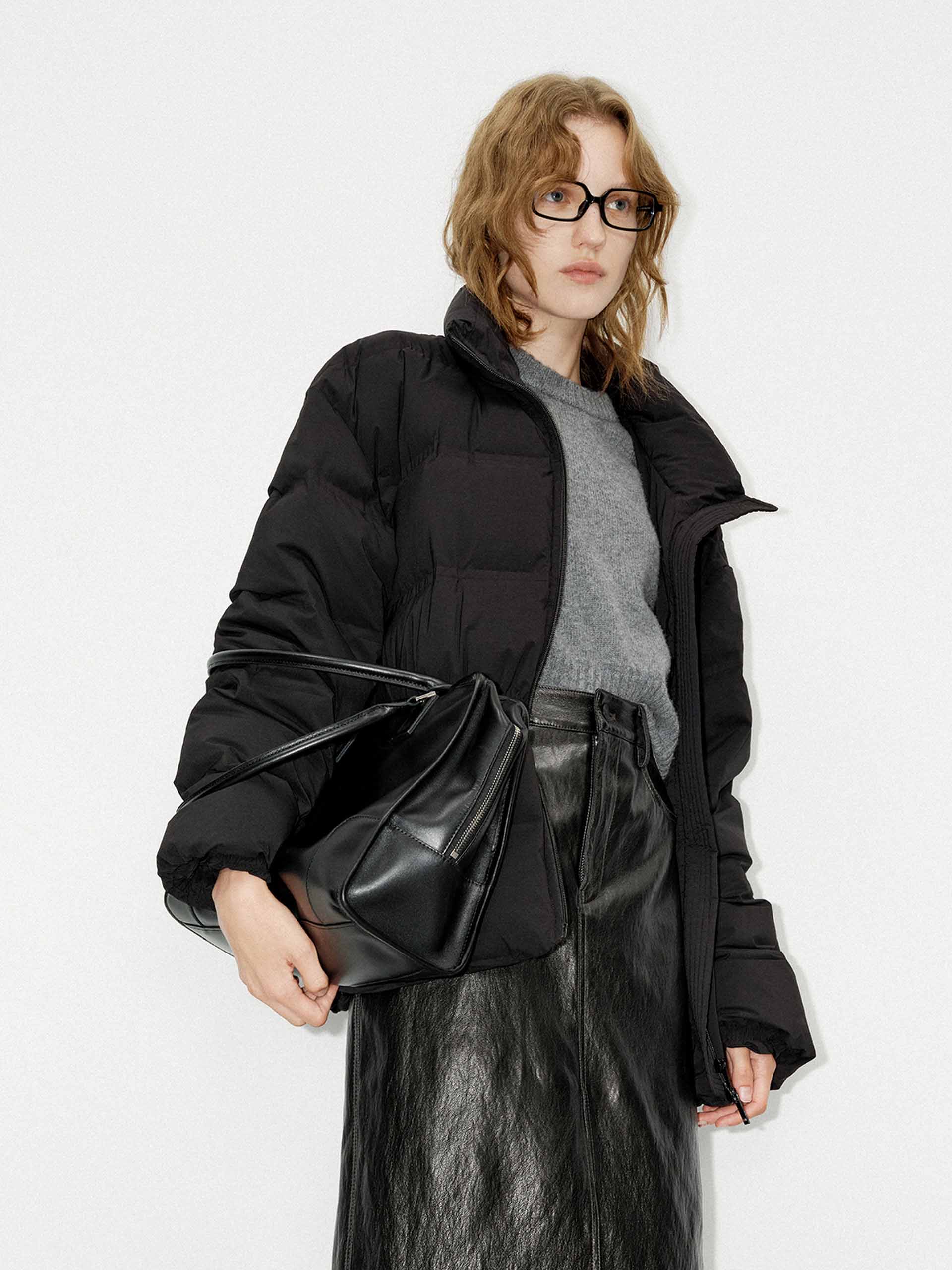 MO&Co. Women's Drawstring Waist Quilted Shell Down Jacket in Black