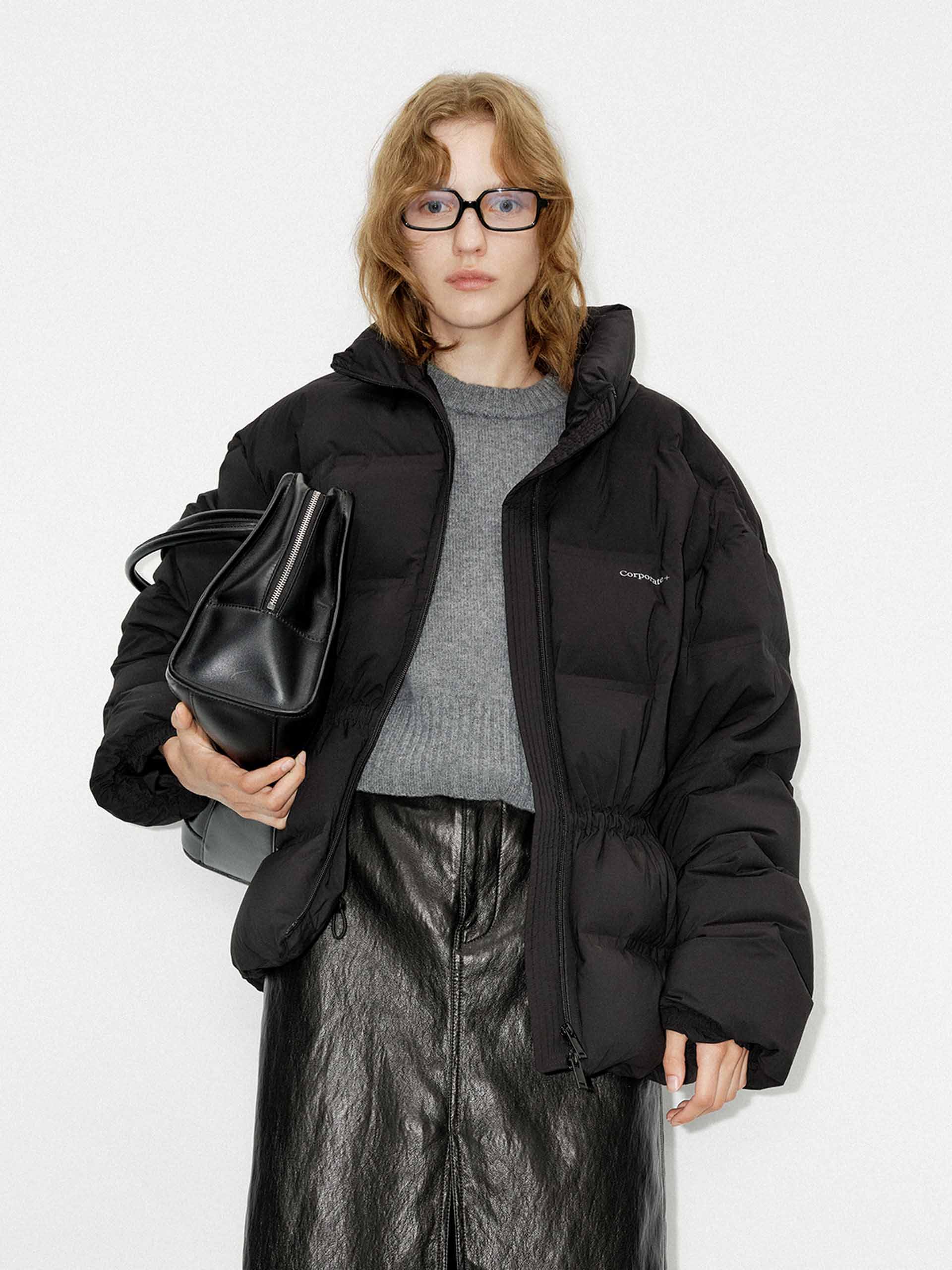 MO&Co. Women's Drawstring Waist Quilted Shell Down Jacket in Black