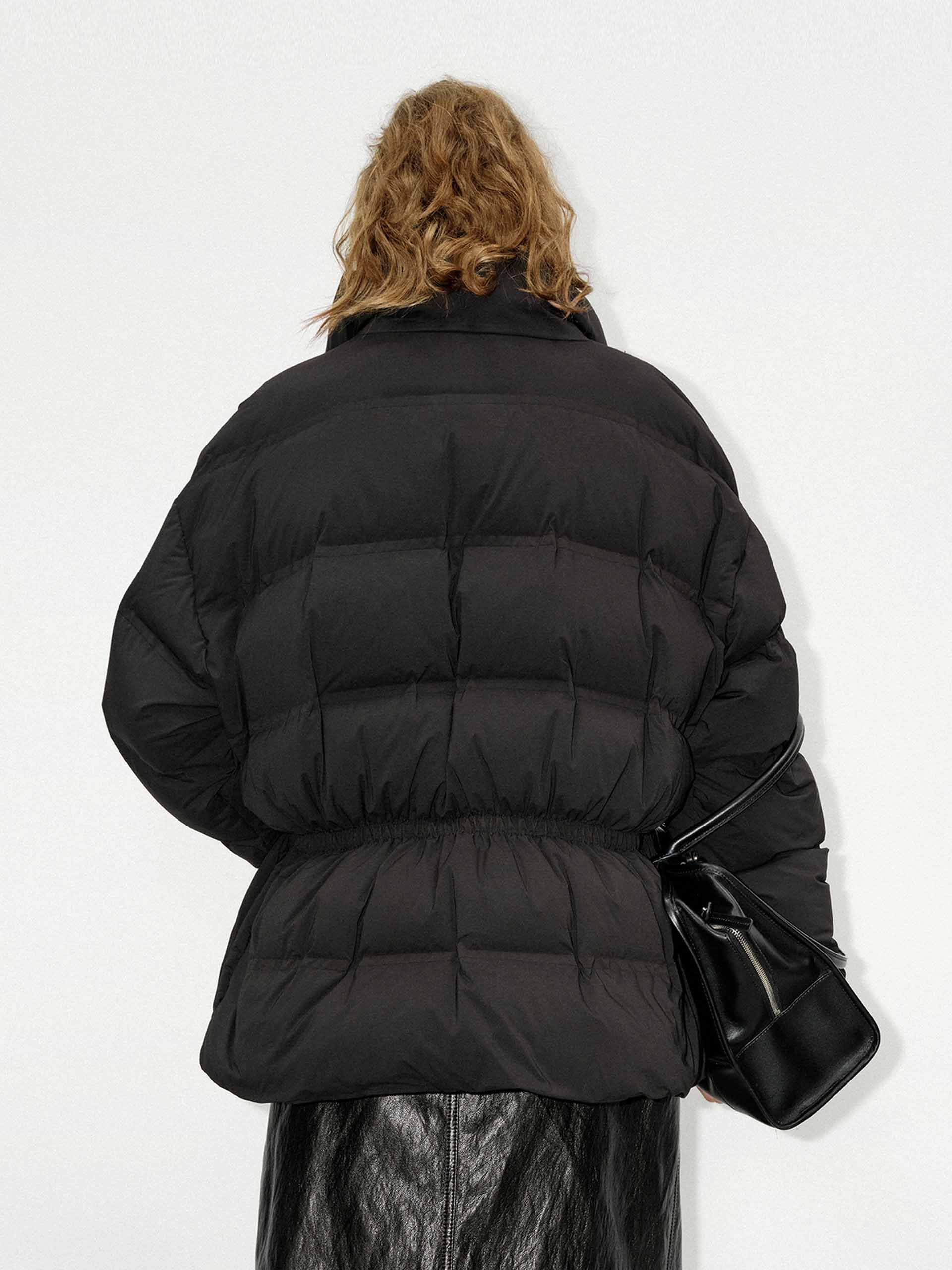 MO&Co. Women's Drawstring Waist Quilted Shell Down Jacket in Black