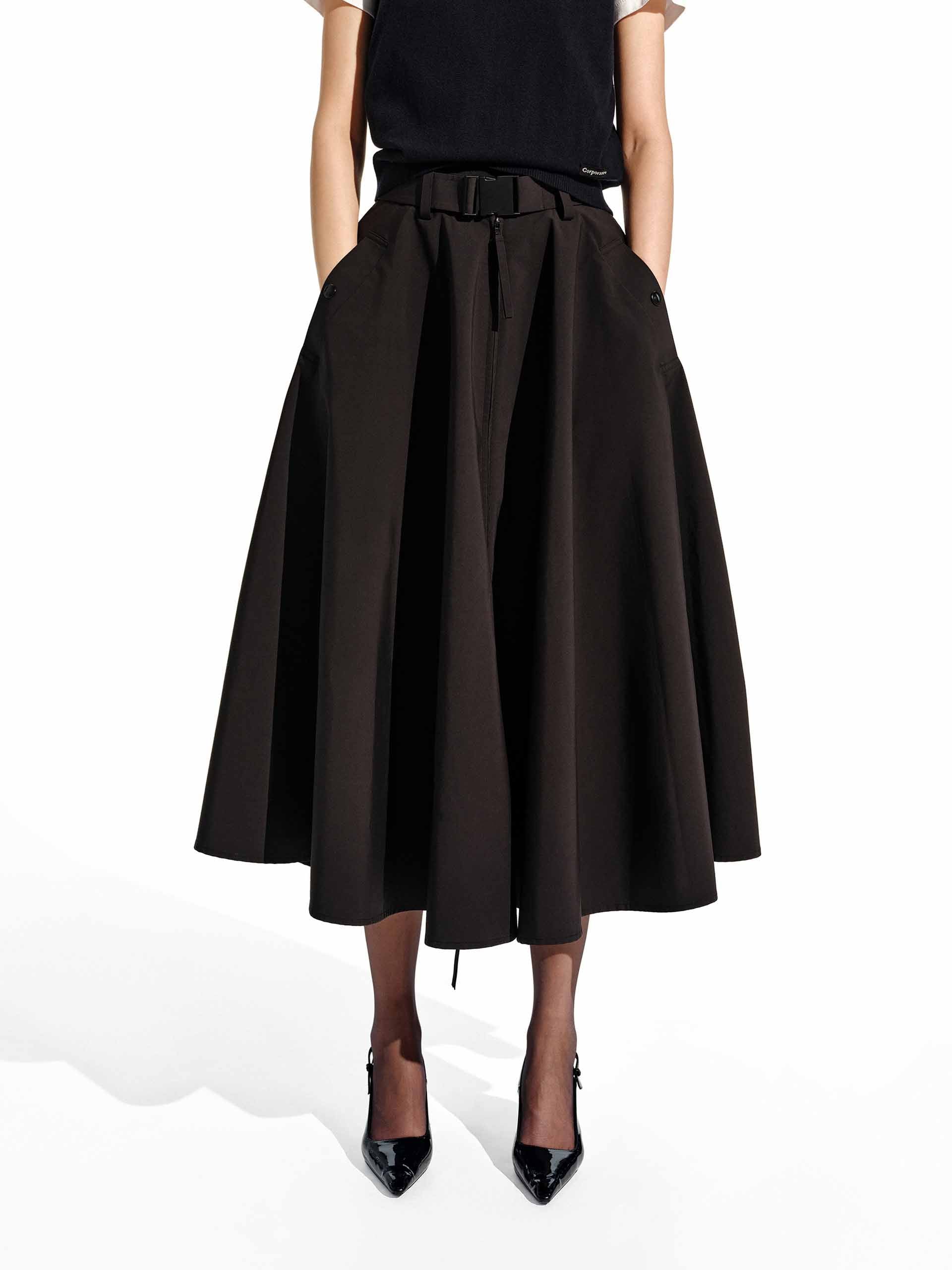 MO&Co. Women's A-line Belted Midi Skirt in Black with Pocket
