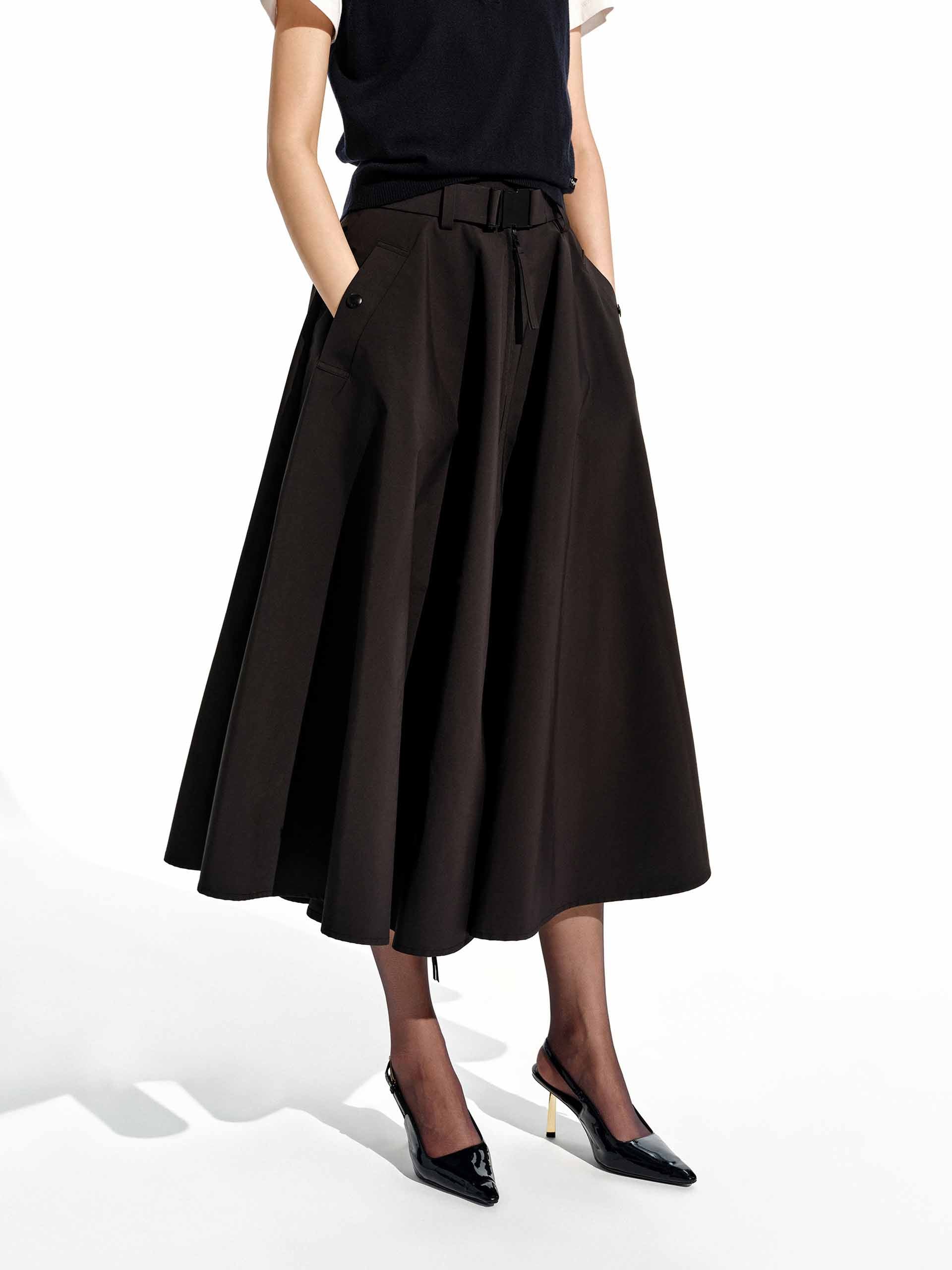 MO&Co. Women's A-line Belted Midi Skirt in Black with Pocket