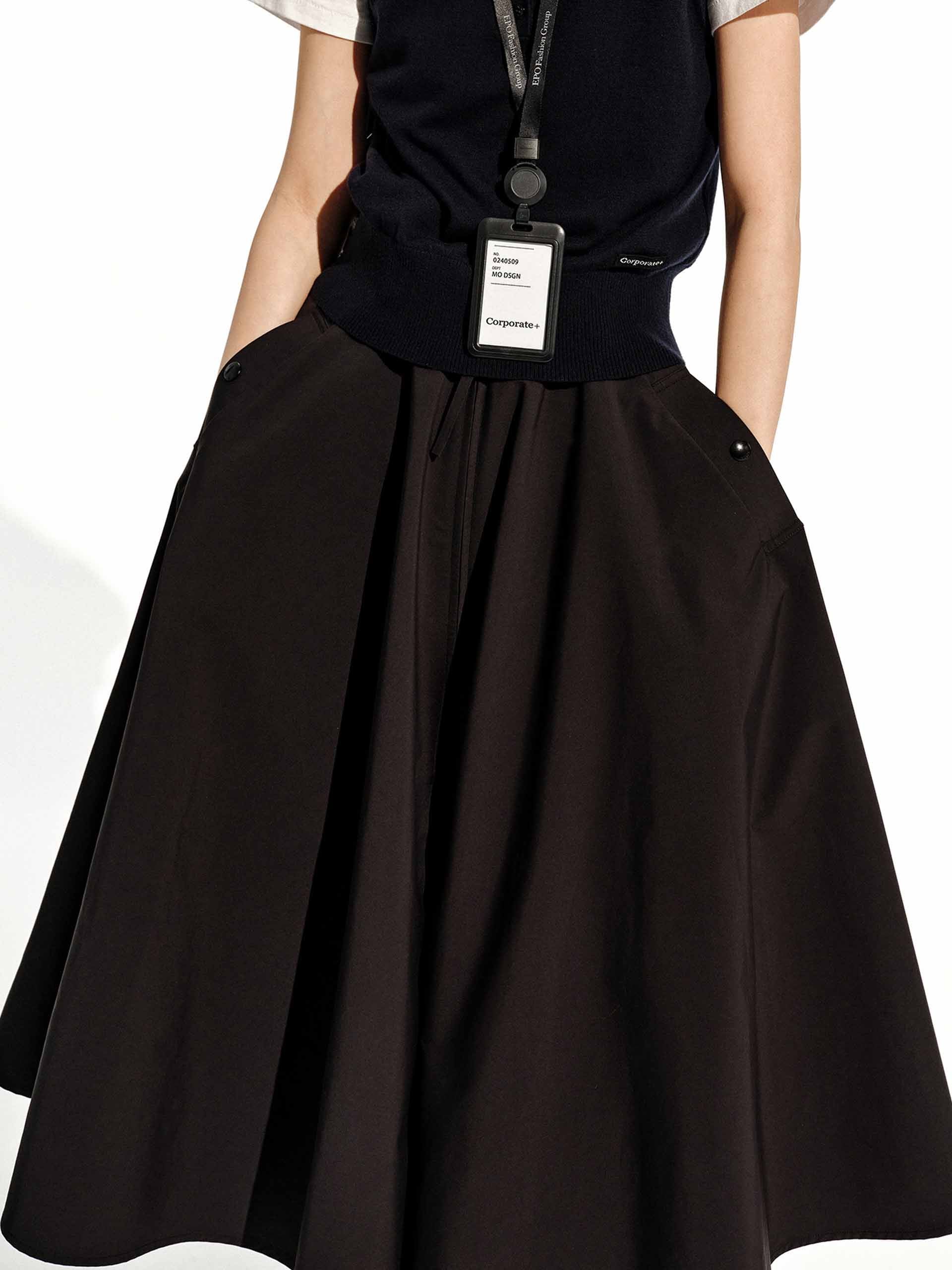 MO&Co. Women's A-line Belted Midi Skirt in Black with Pocket