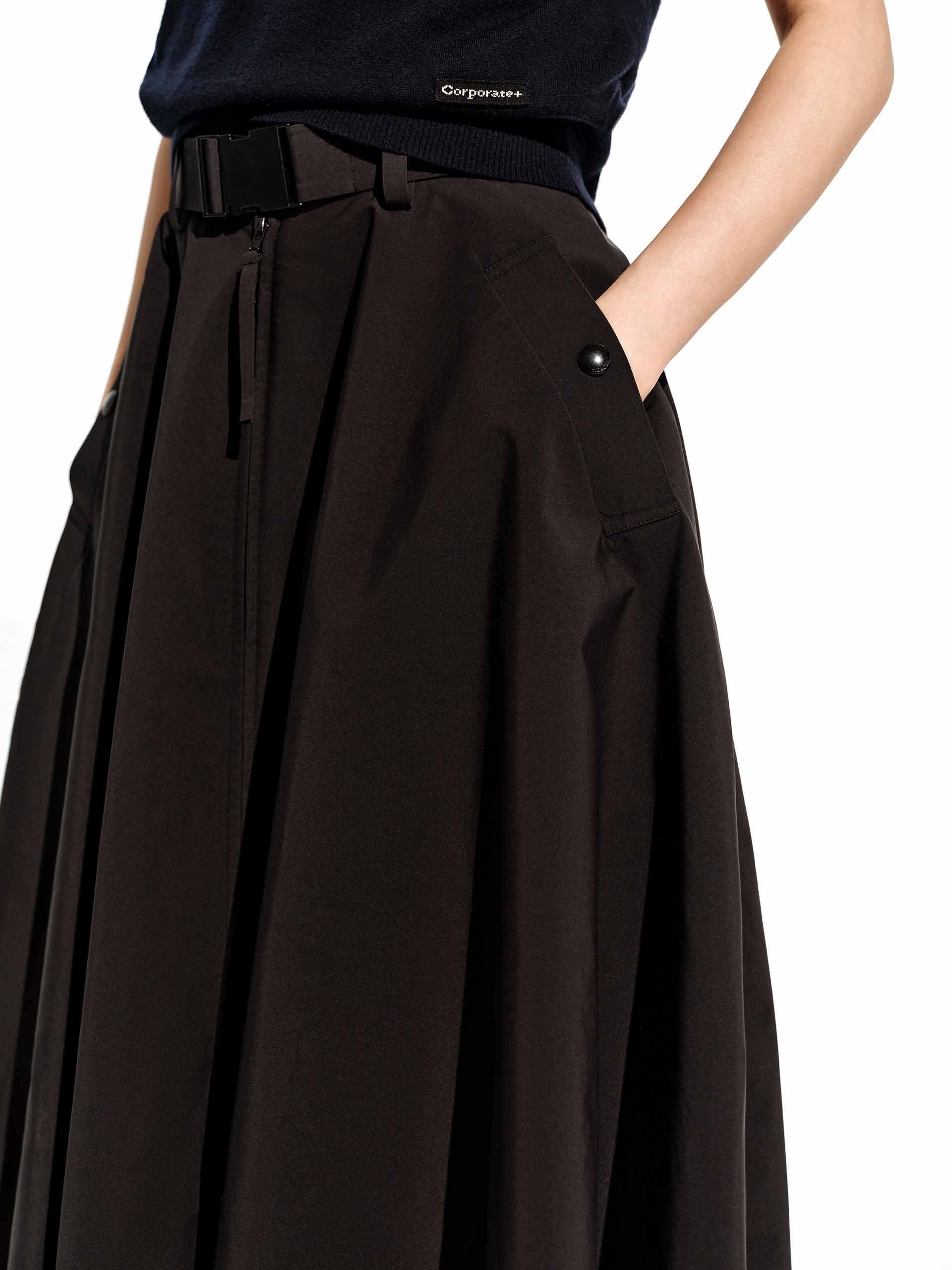MO&Co. Women's A-line Belted Midi Skirt in Black with Pocket
