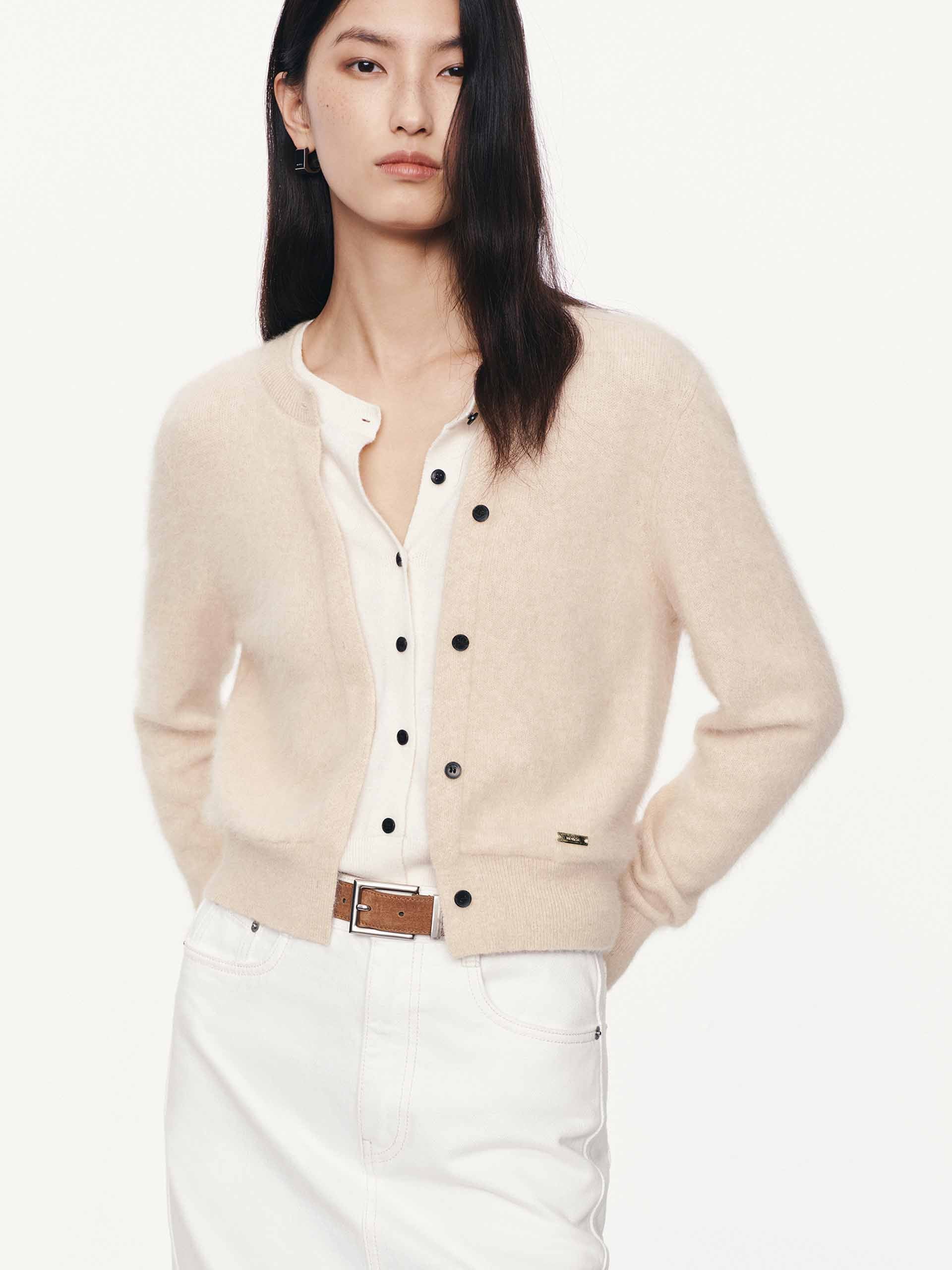 MO&Co. Women's Layered Round Neck Cardigan in Beige