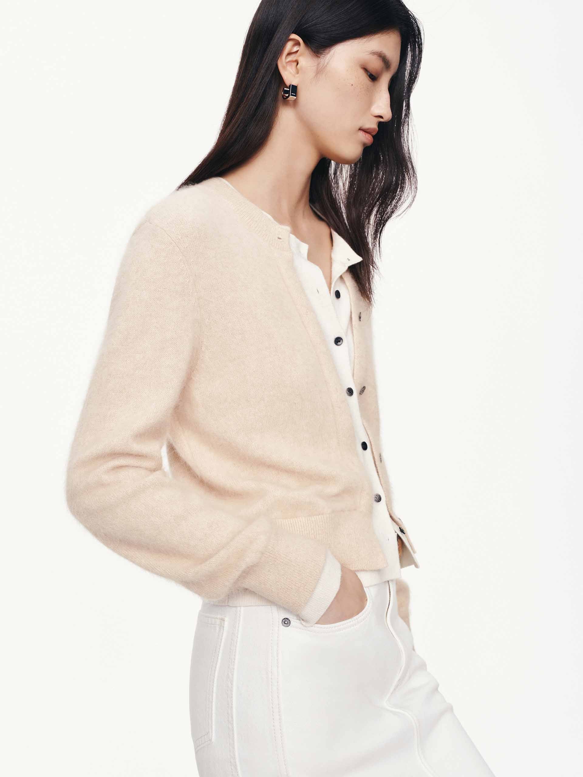 MO&Co. Women's Layered Round Neck Cardigan in Beige