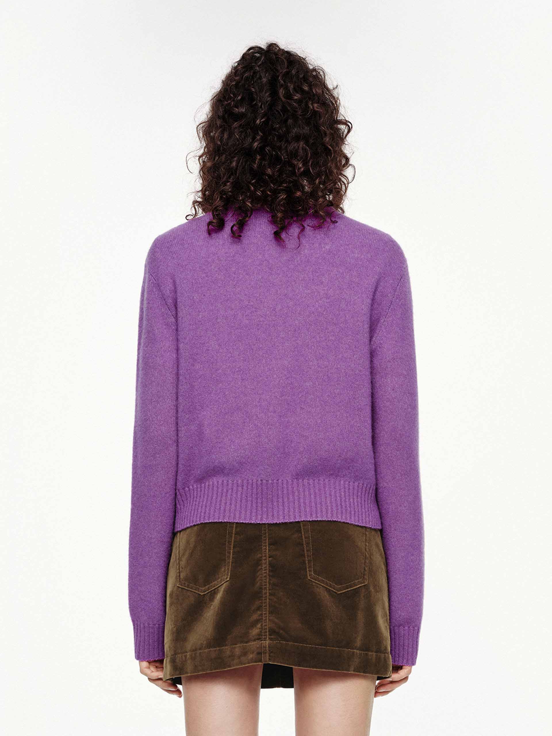 MO&Co. Women's Crew Neck Wool Cashmere Blend Knitted Cardigan in Purple