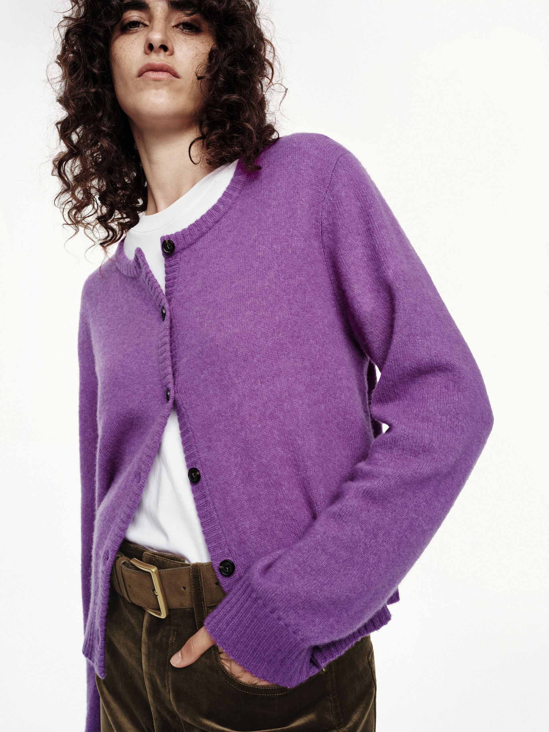 MO&Co. Women's Crew Neck Wool Cashmere Blend Knitted Cardigan in Purple