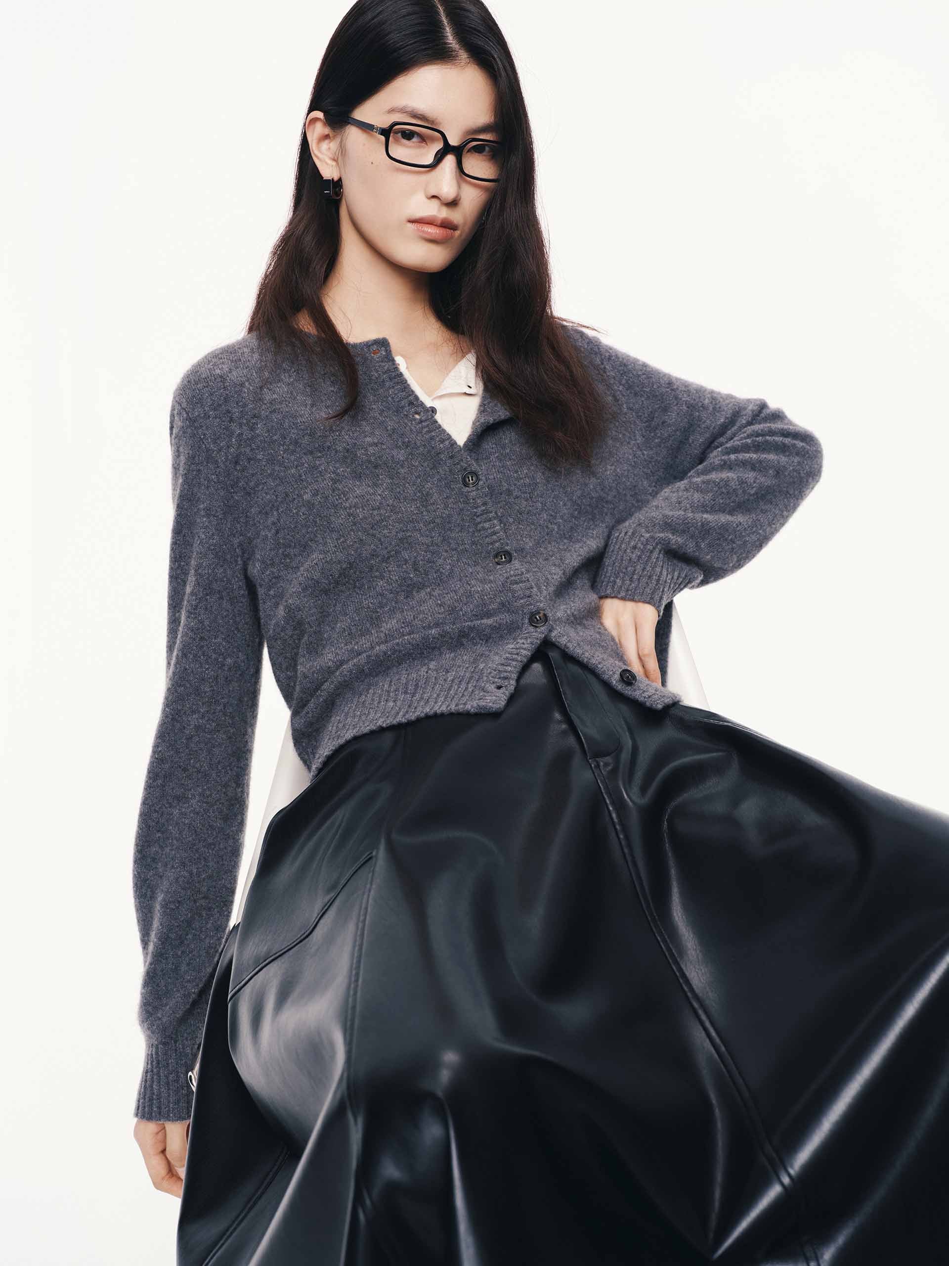 MO&Co. Women's Crew Neck Wool Cashmere Blend Knitted Cardigan in Grey