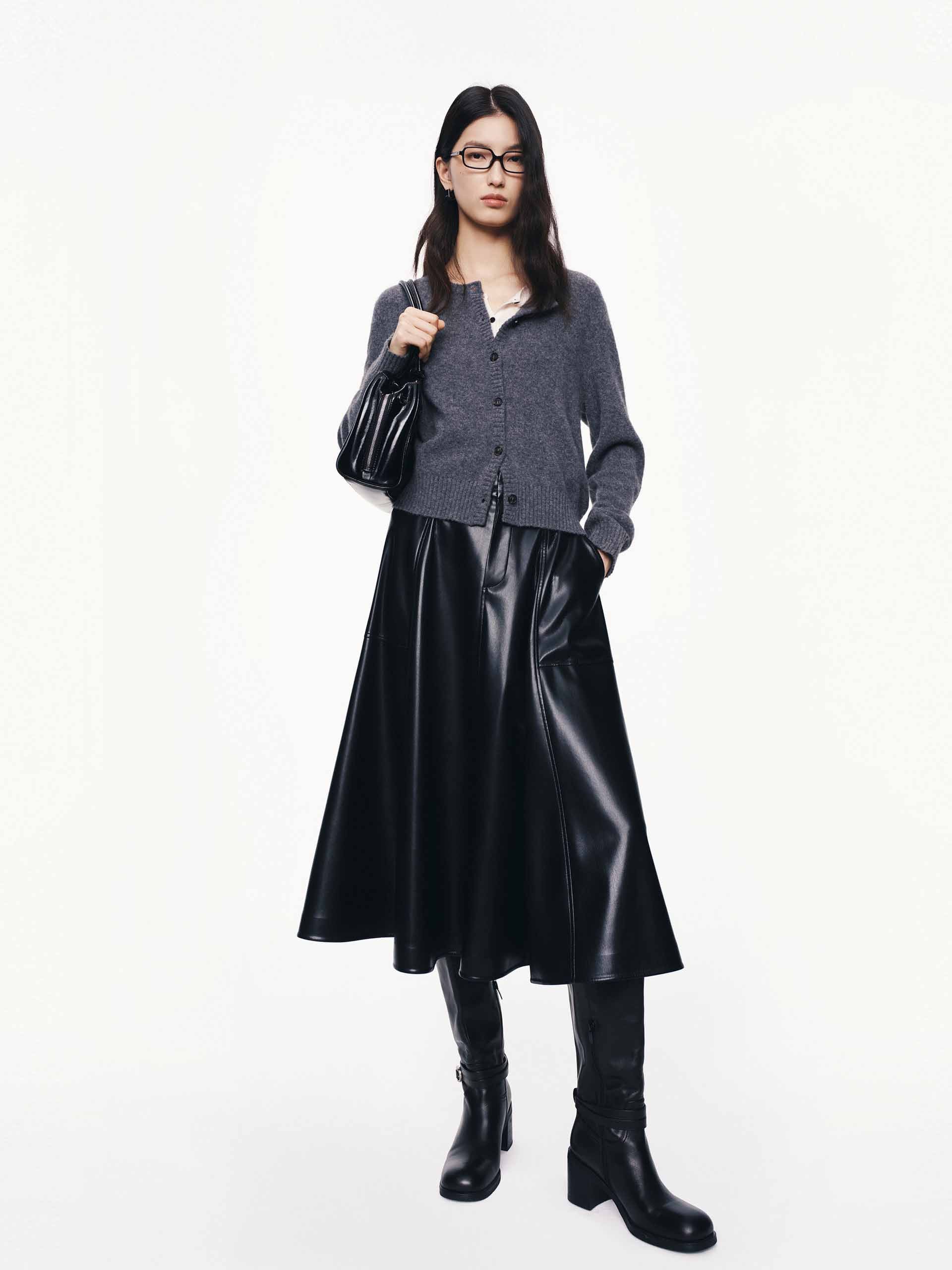 MO&Co. Women's Crew Neck Wool Cashmere Blend Knitted Cardigan in Grey