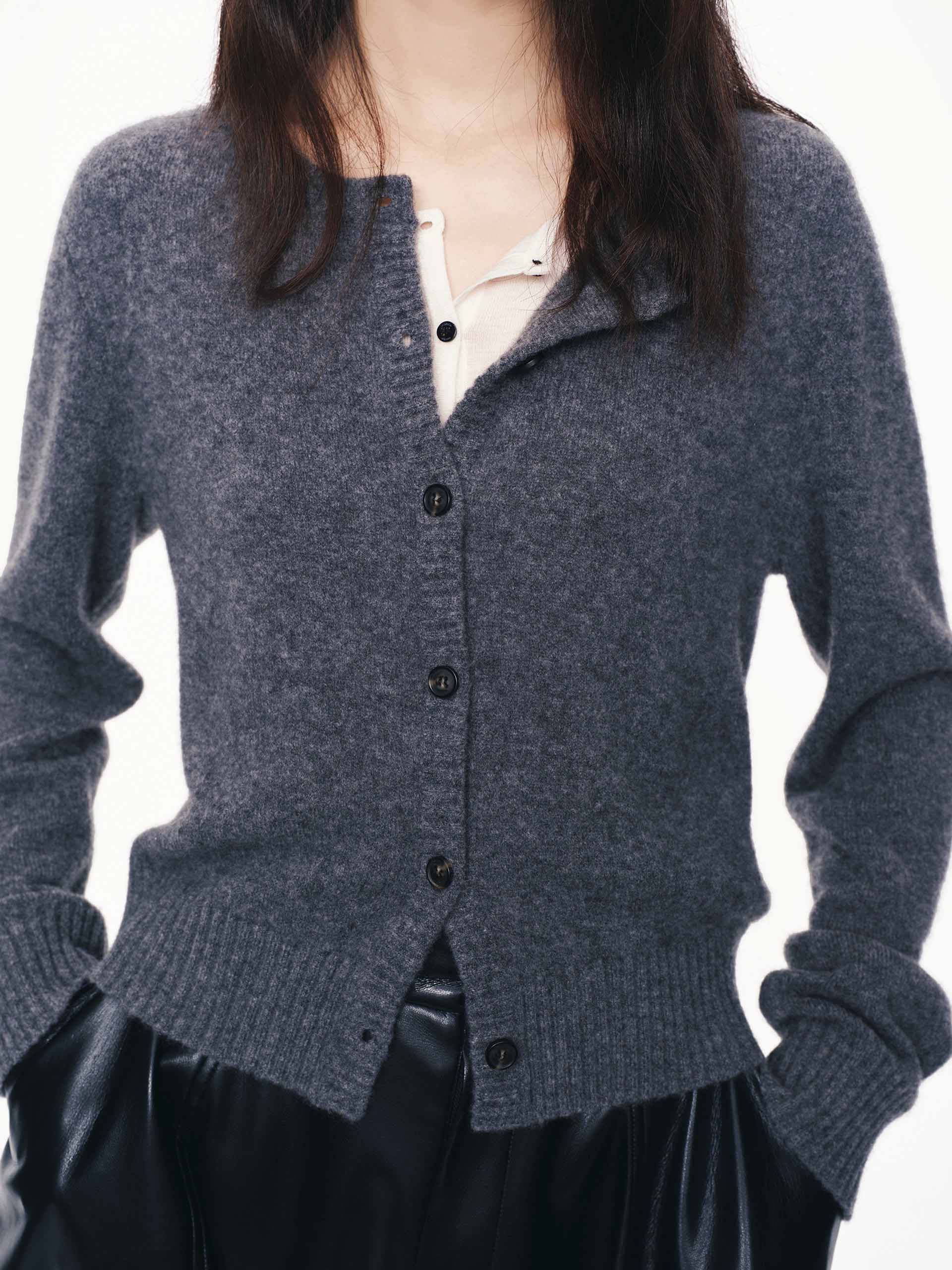 MO&Co. Women's Crew Neck Wool Cashmere Blend Knitted Cardigan in Grey