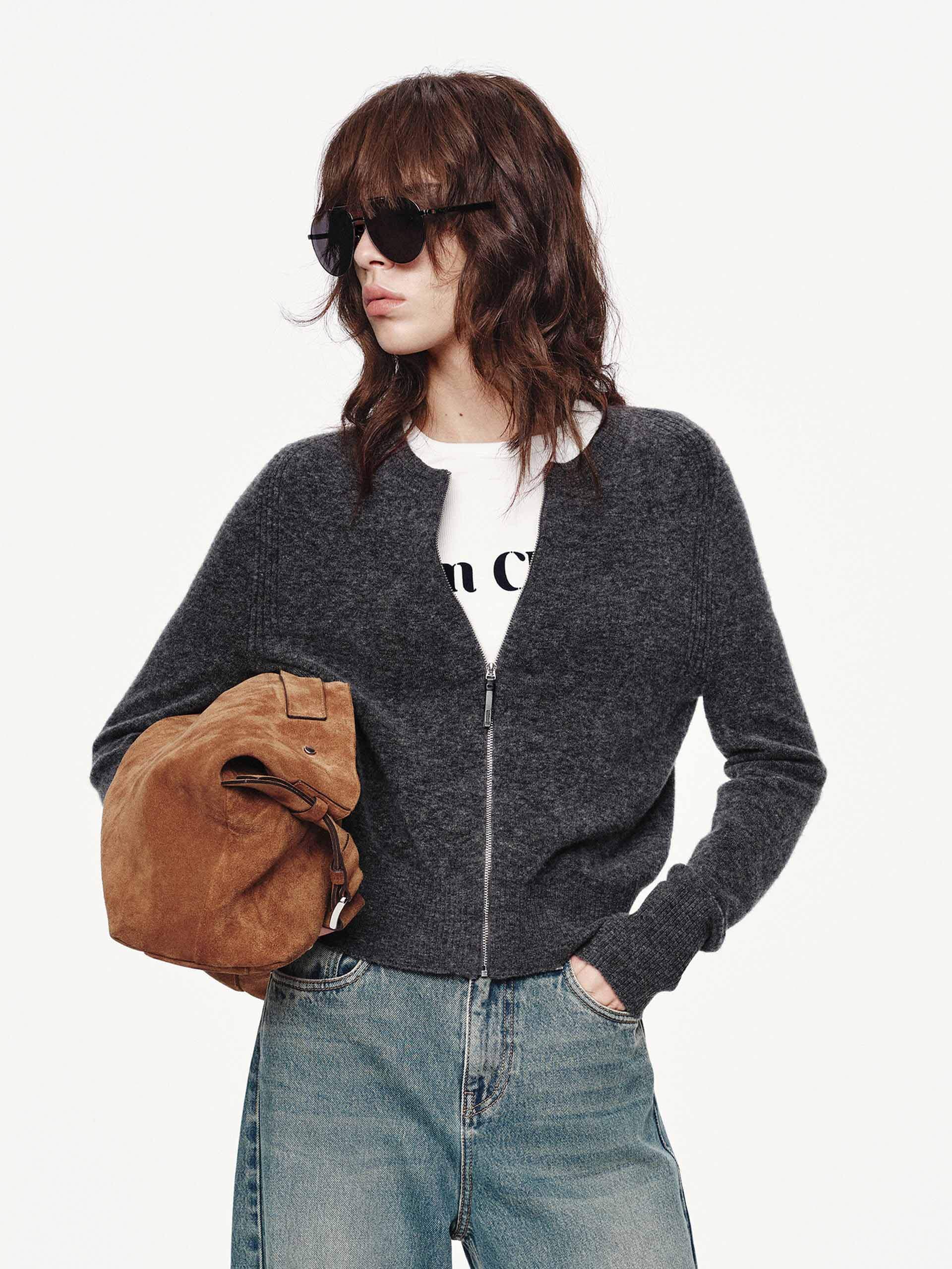 MO&Co. Women's Wool Blend Crew Neck Zip Up Cardigan in Grey