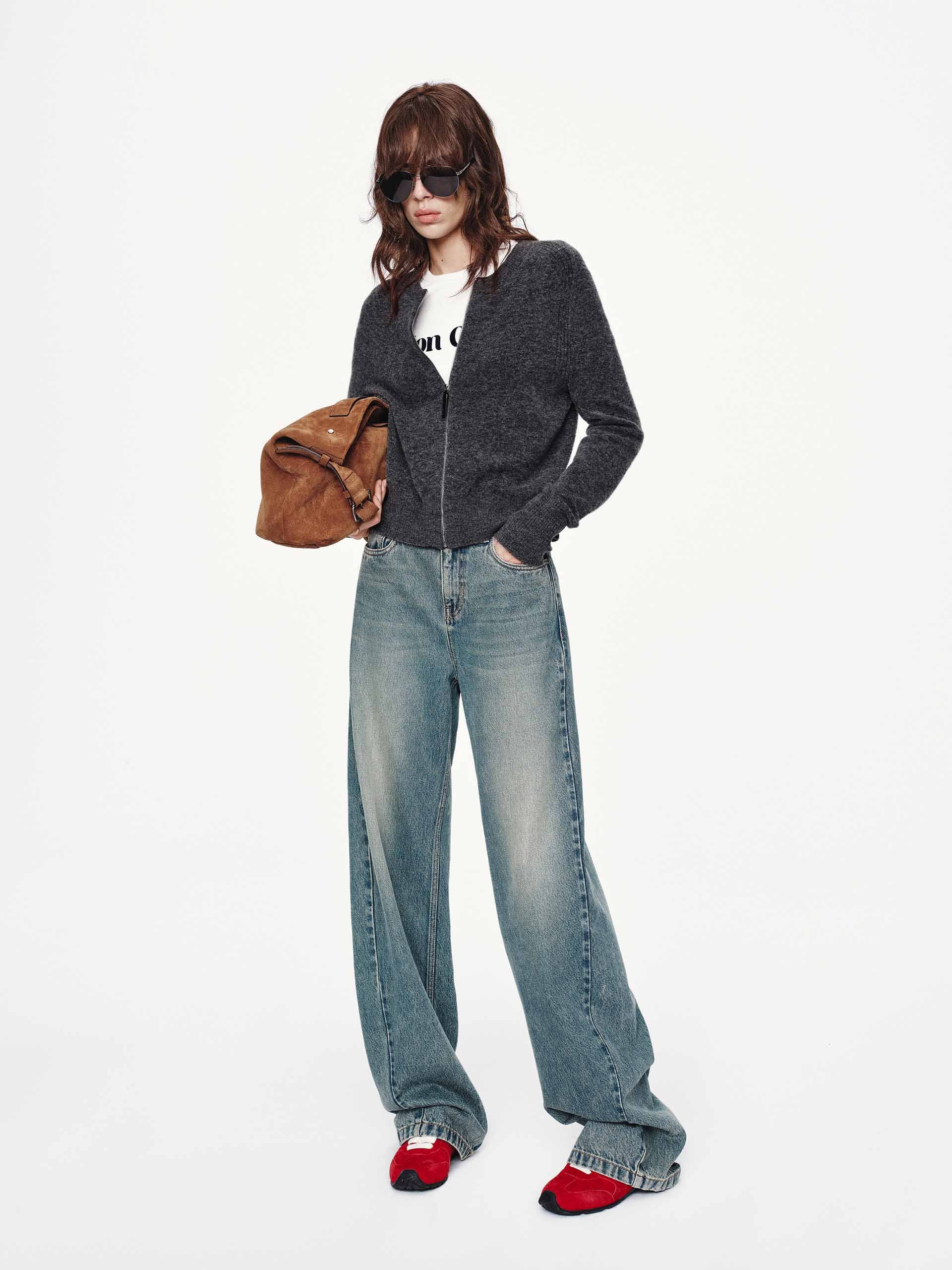 MO&Co. Women's Wool Blend Crew Neck Zip Up Cardigan in Grey