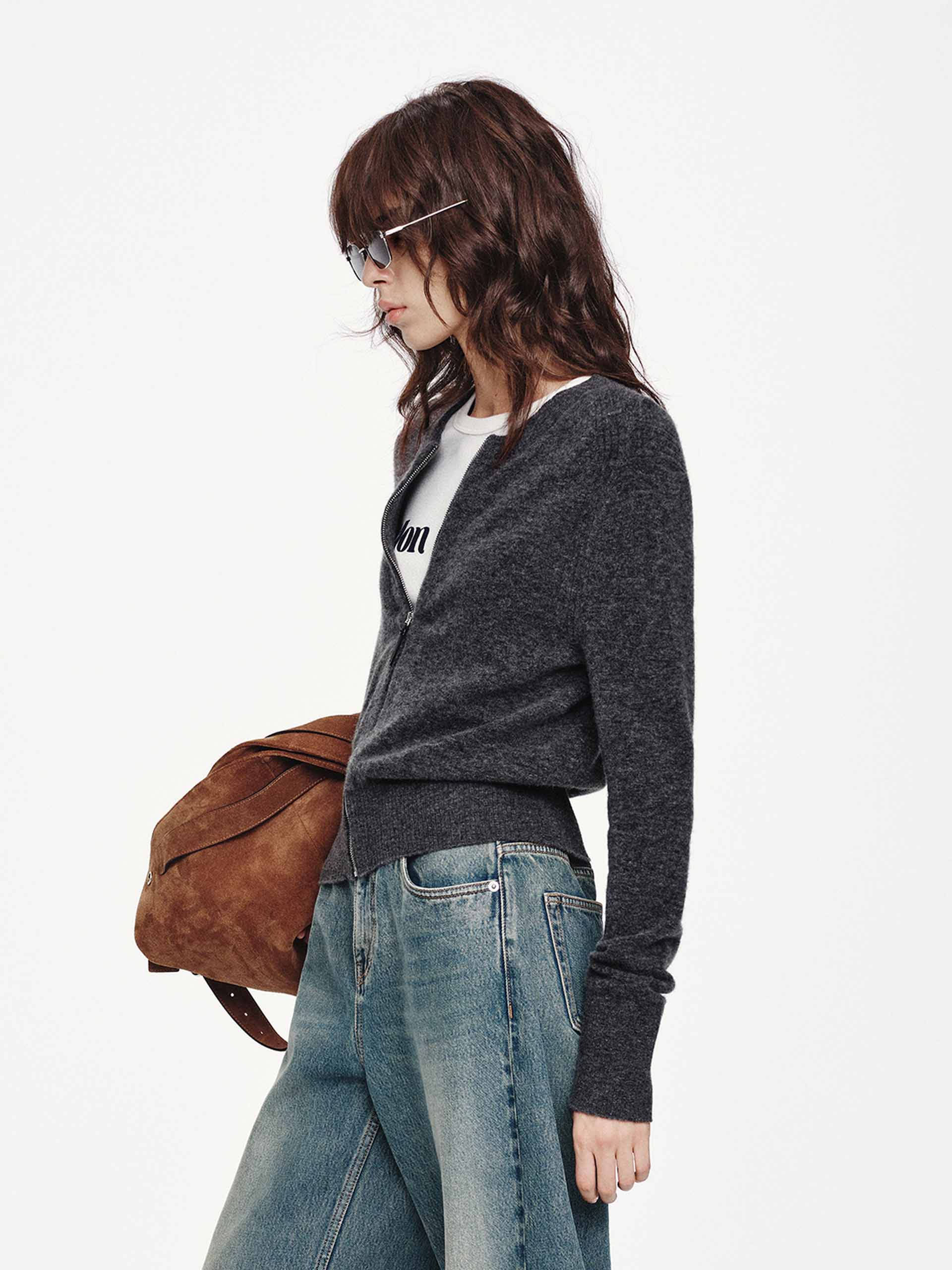 MO&Co. Women's Wool Blend Crew Neck Zip Up Cardigan in Grey