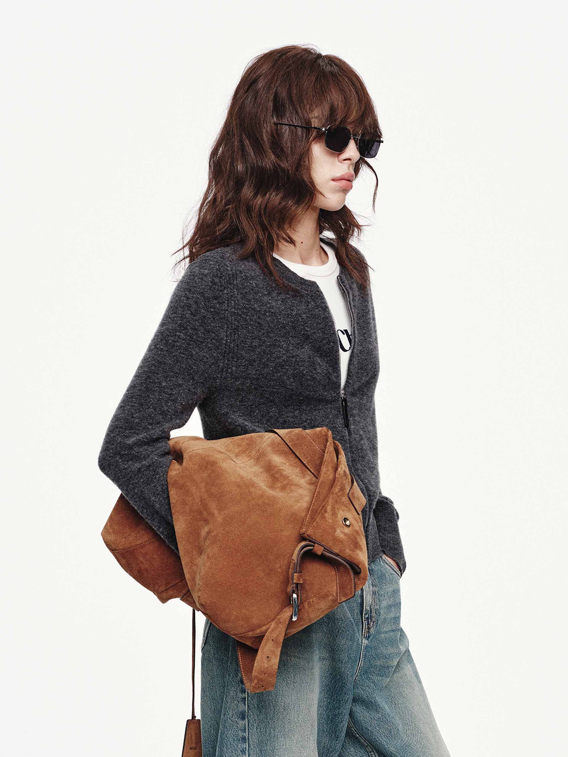 MO&Co. Women's Wool Blend Crew Neck Zip Up Cardigan in Grey