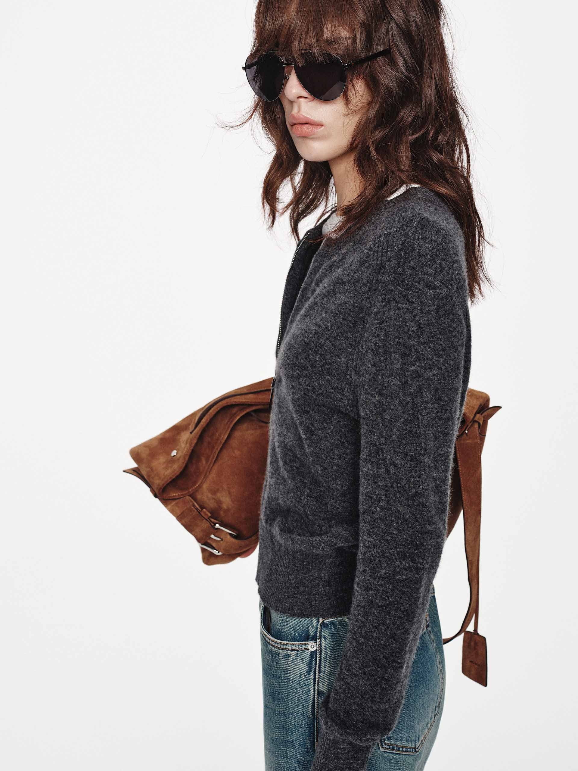 MO&Co. Women's Wool Blend Crew Neck Zip Up Cardigan in Grey