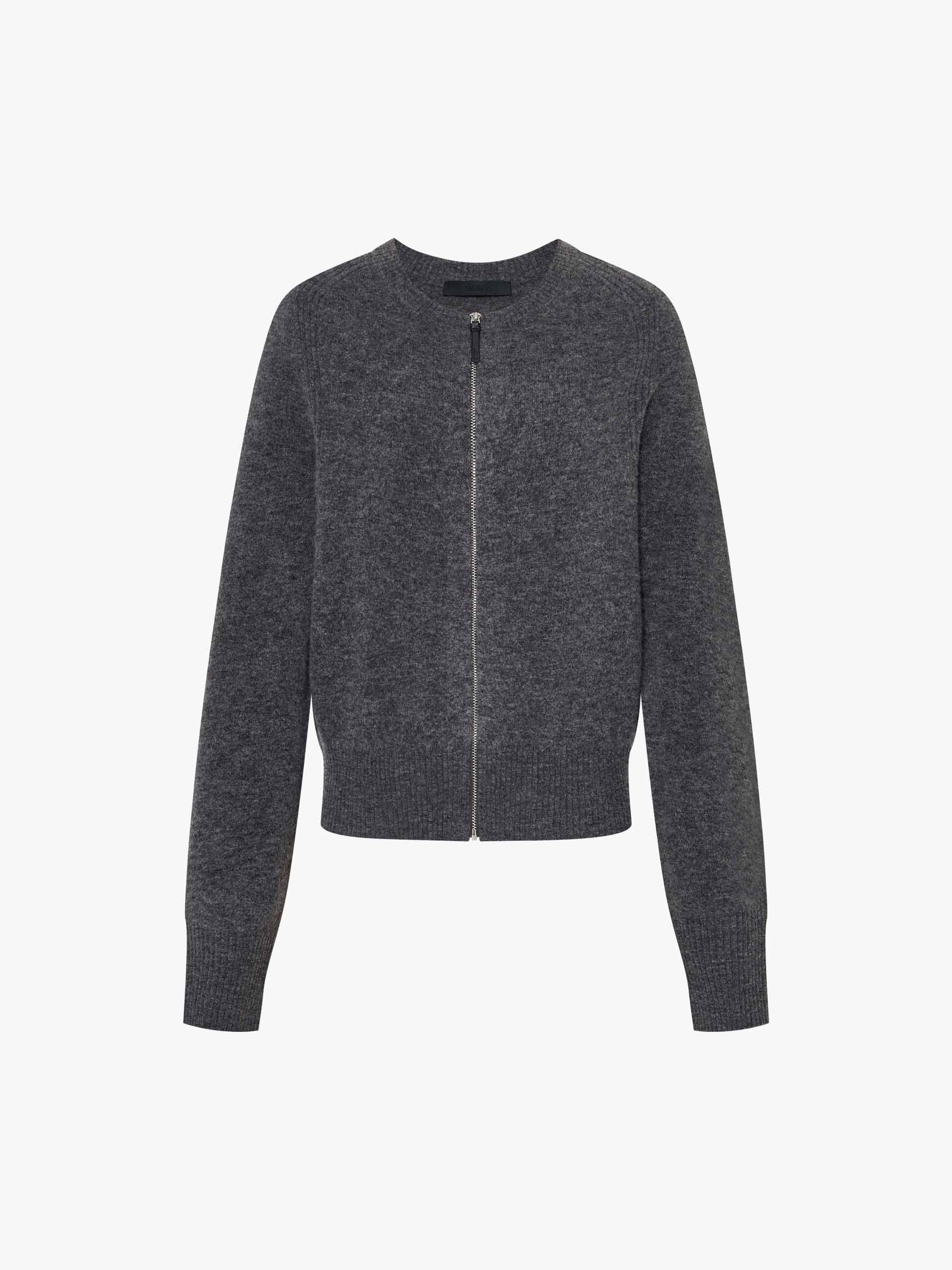 MO&Co. Women's Wool Blend Crew Neck Zip Up Cardigan in Grey