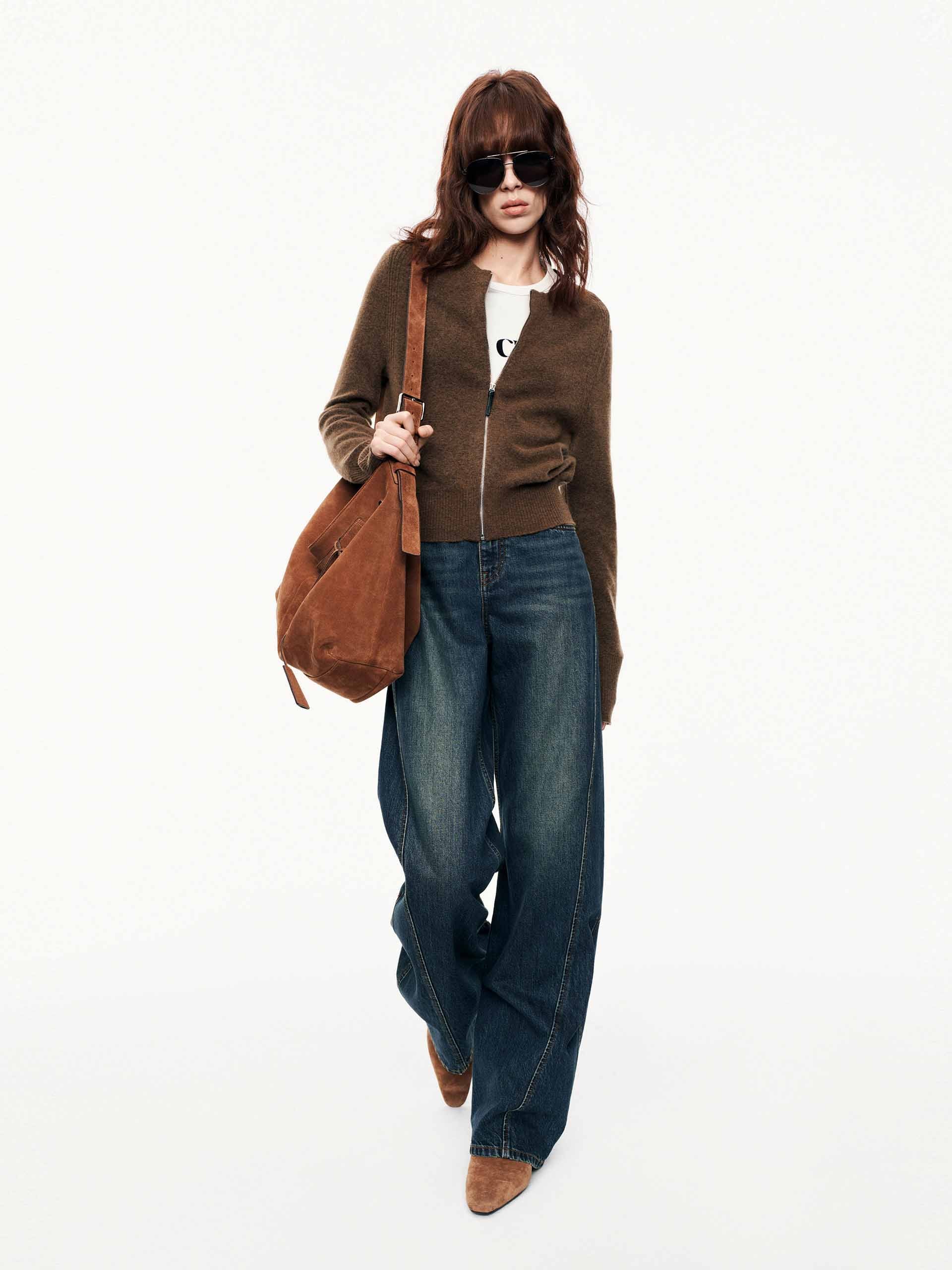 MO&Co. Women's Wool Blend Crew Neck Zip Up Cardigan in Brown