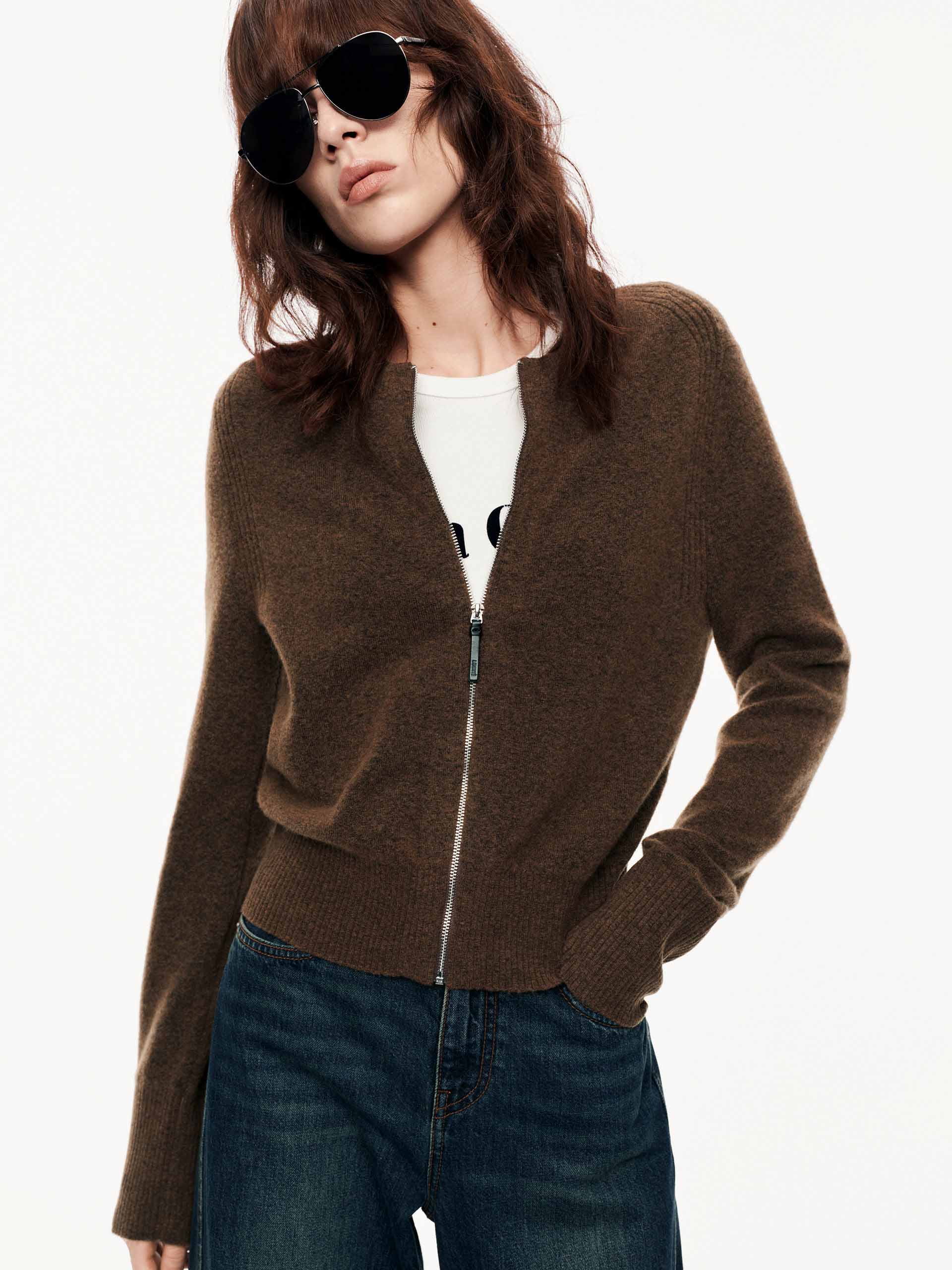 MO&Co. Women's Wool Blend Crew Neck Zip Up Cardigan in Brown