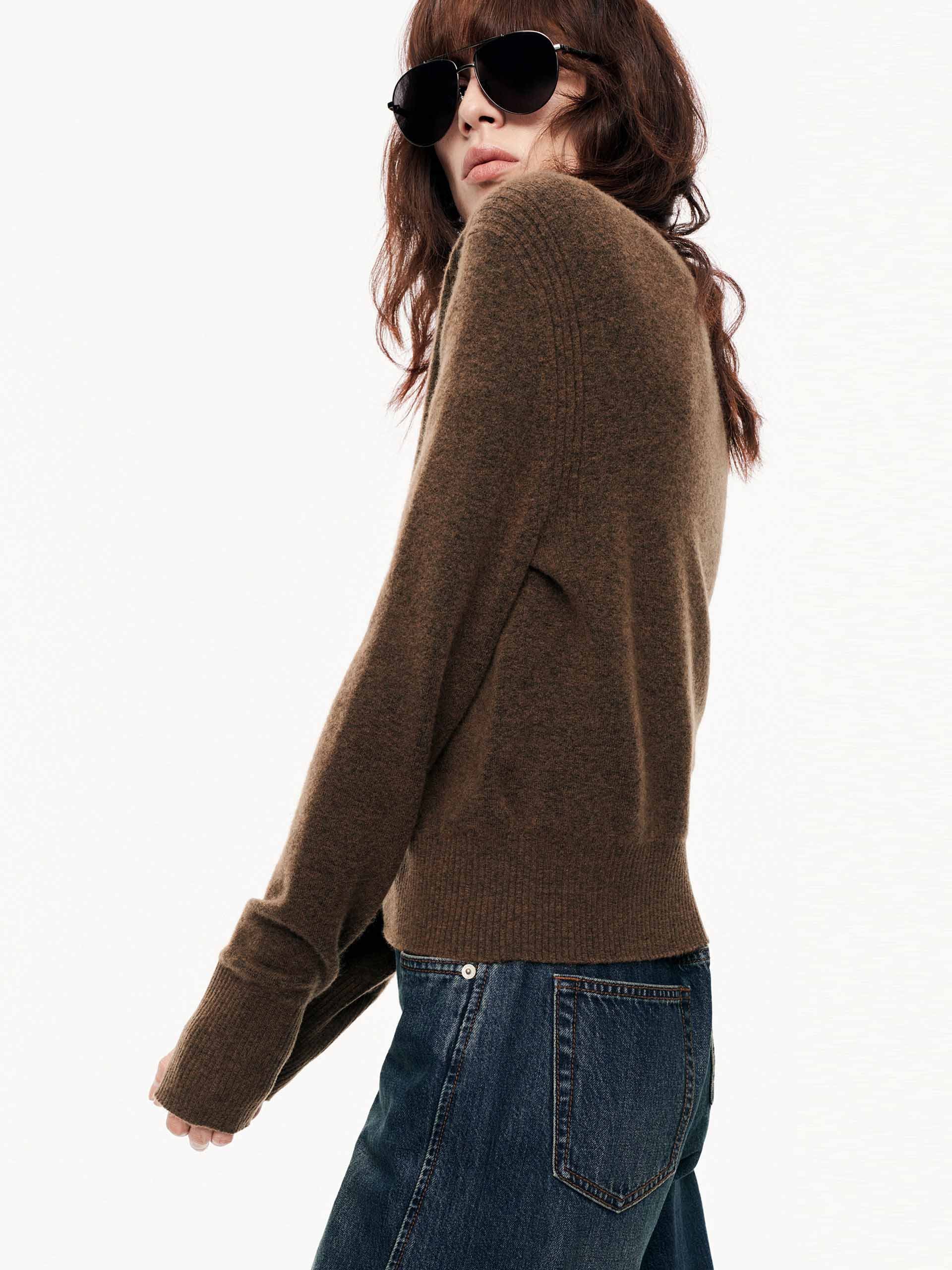 MO&Co. Women's Wool Blend Crew Neck Zip Up Cardigan in Brown