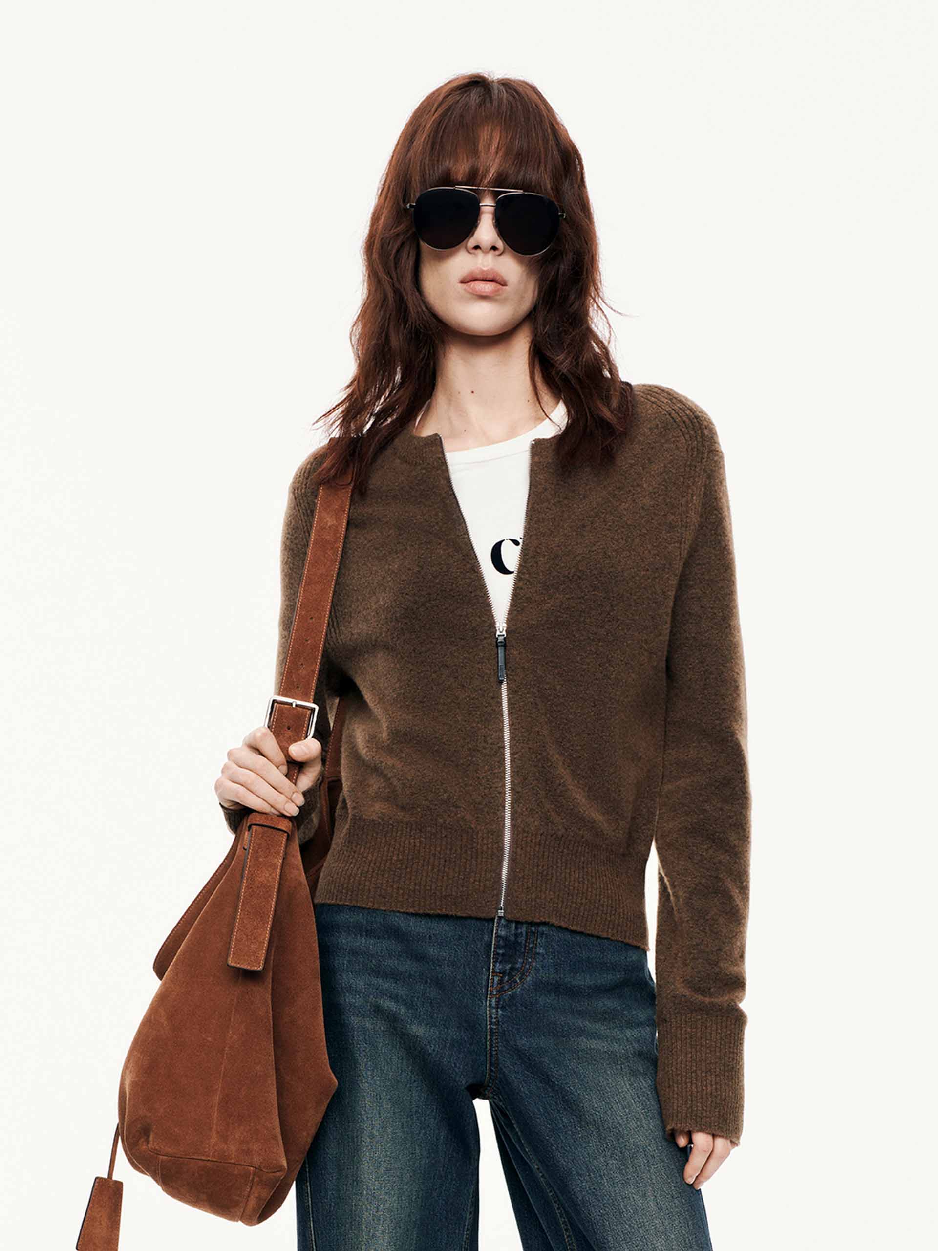 MO&Co. Women's Wool Blend Crew Neck Zip Up Cardigan in Brown