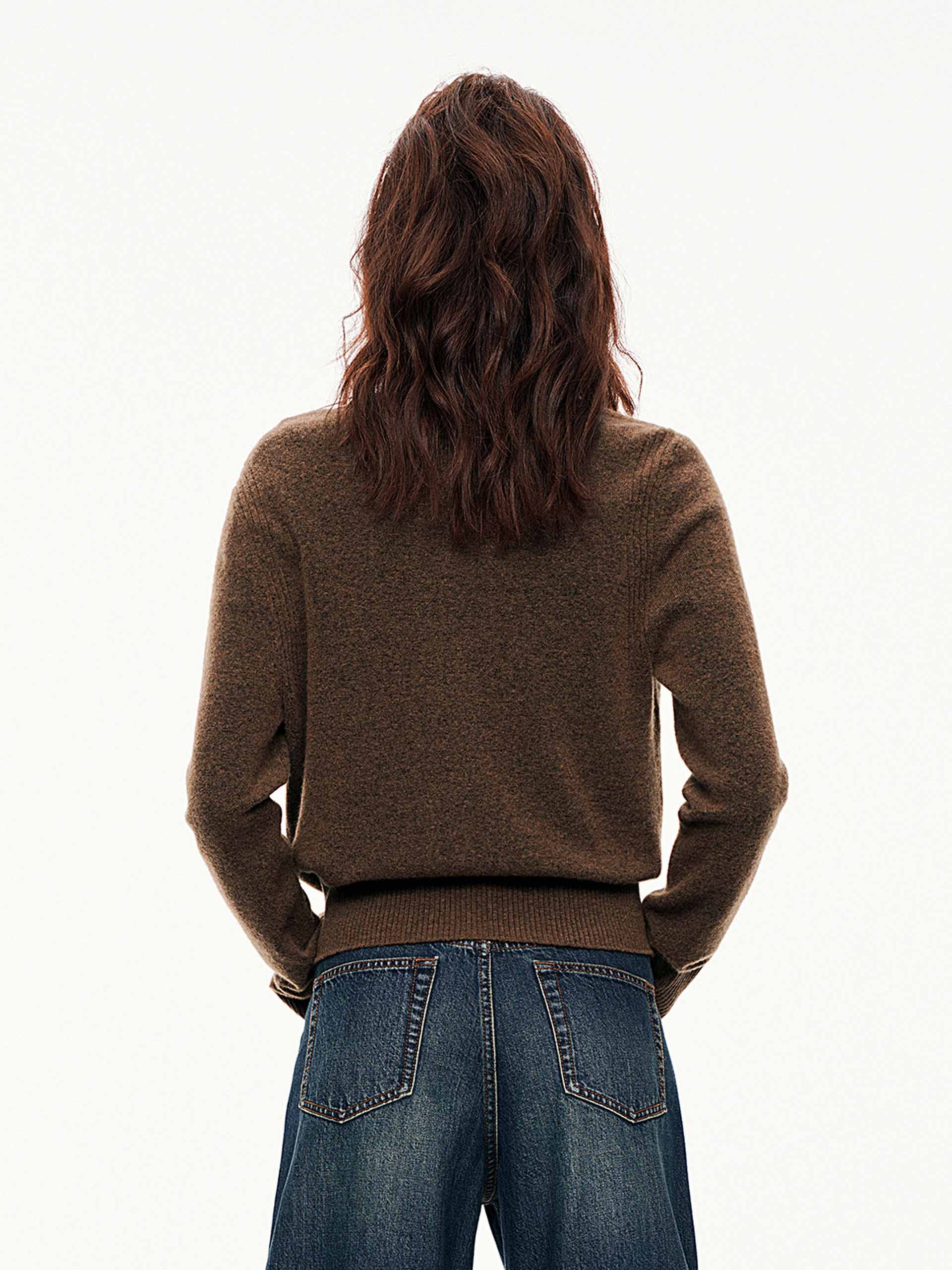 MO&Co. Women's Wool Blend Crew Neck Zip Up Cardigan in Brown