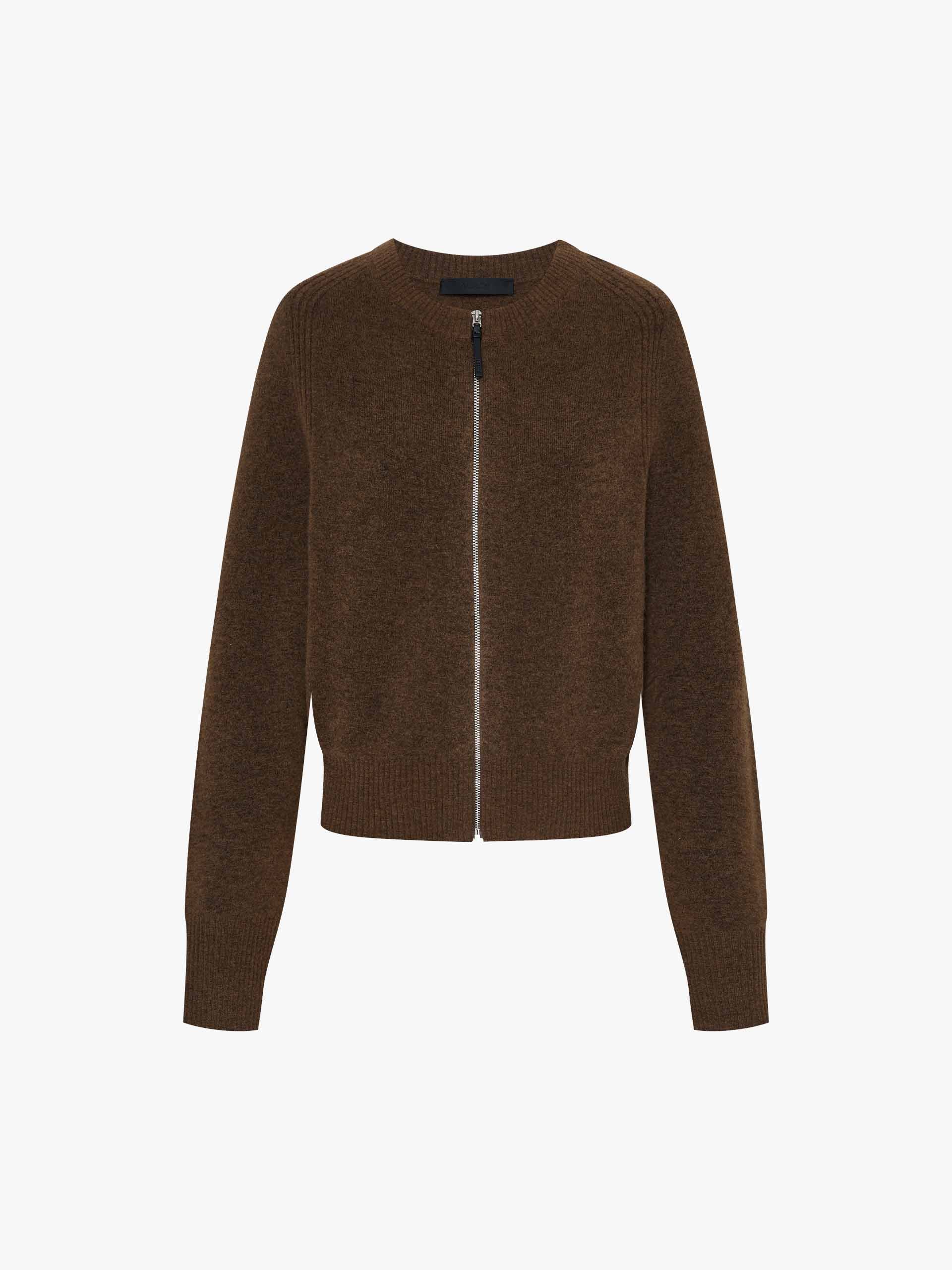 MO&Co. Women's Wool Blend Crew Neck Zip Up Cardigan in Brown