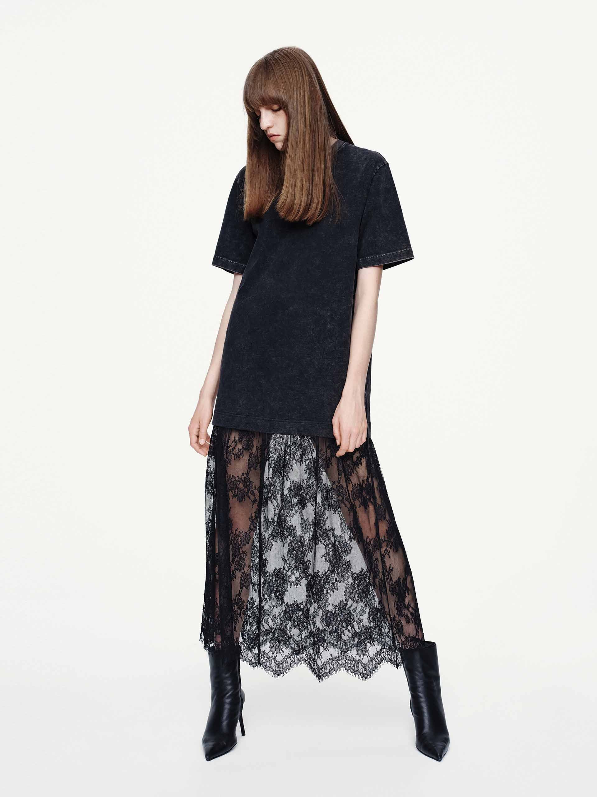 MO&Co. Women's Black Lace Tulle-paneled T-shirt Dress in Cotton