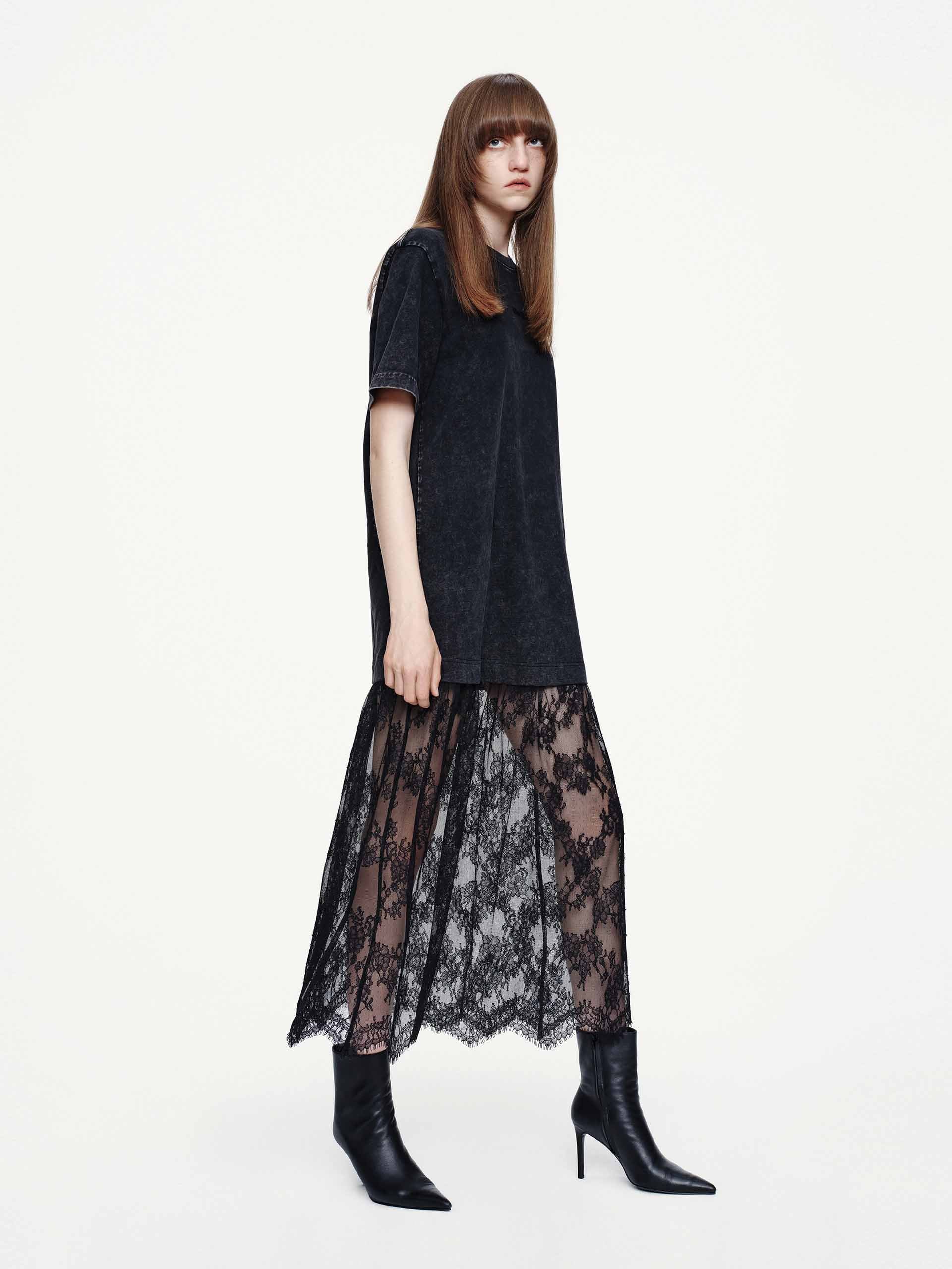 MO&Co. Women's Black Lace Tulle-paneled T-shirt Dress in Cotton
