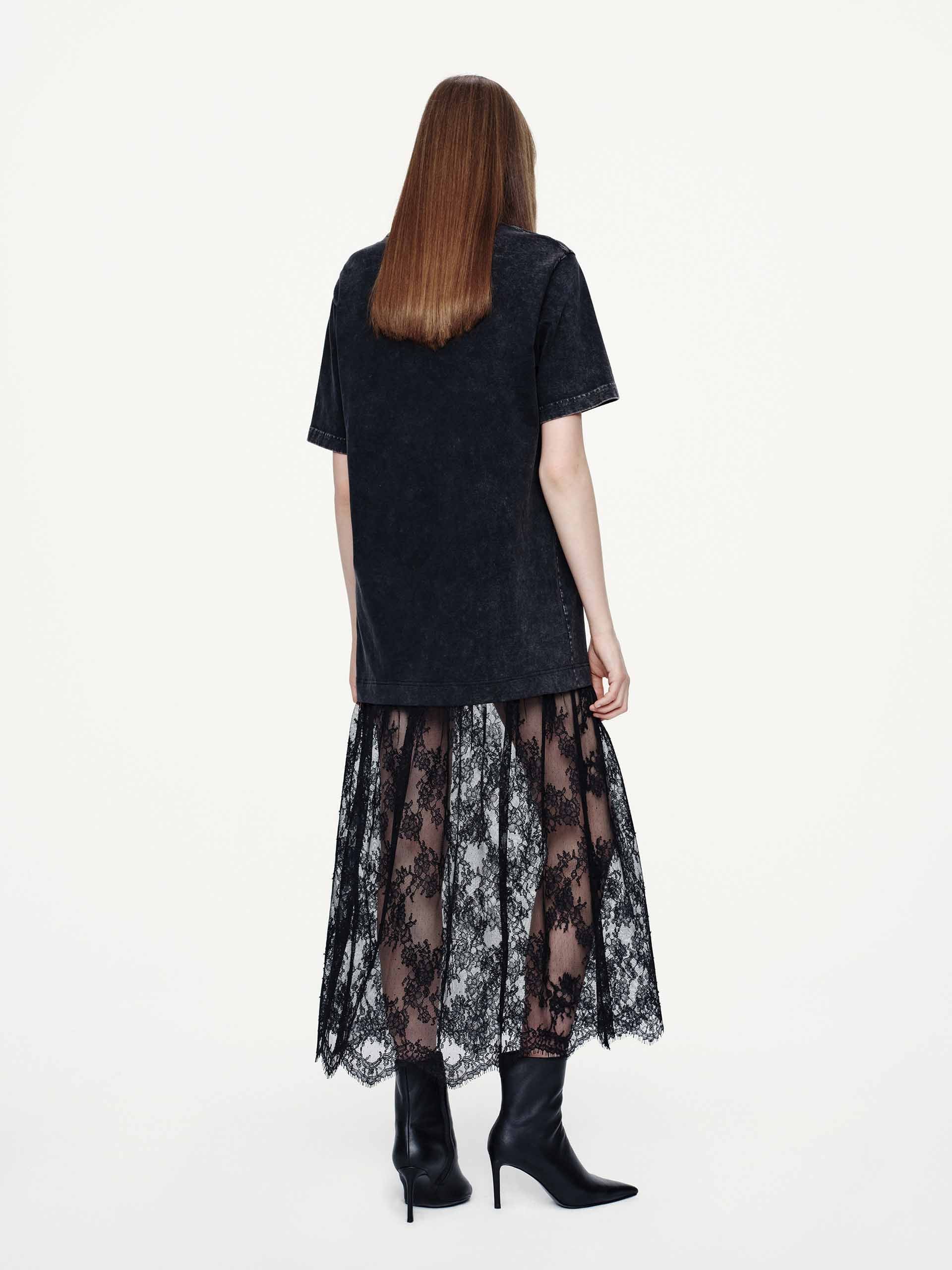 MO&Co. Women's Black Lace Tulle-paneled T-shirt Dress in Cotton